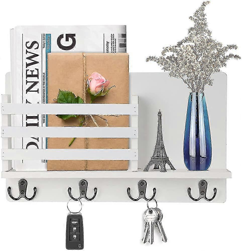 Wall Shelf Wood For Key Rack Organizer With 4 Hooks, Book Shelf Wood, Key Rack