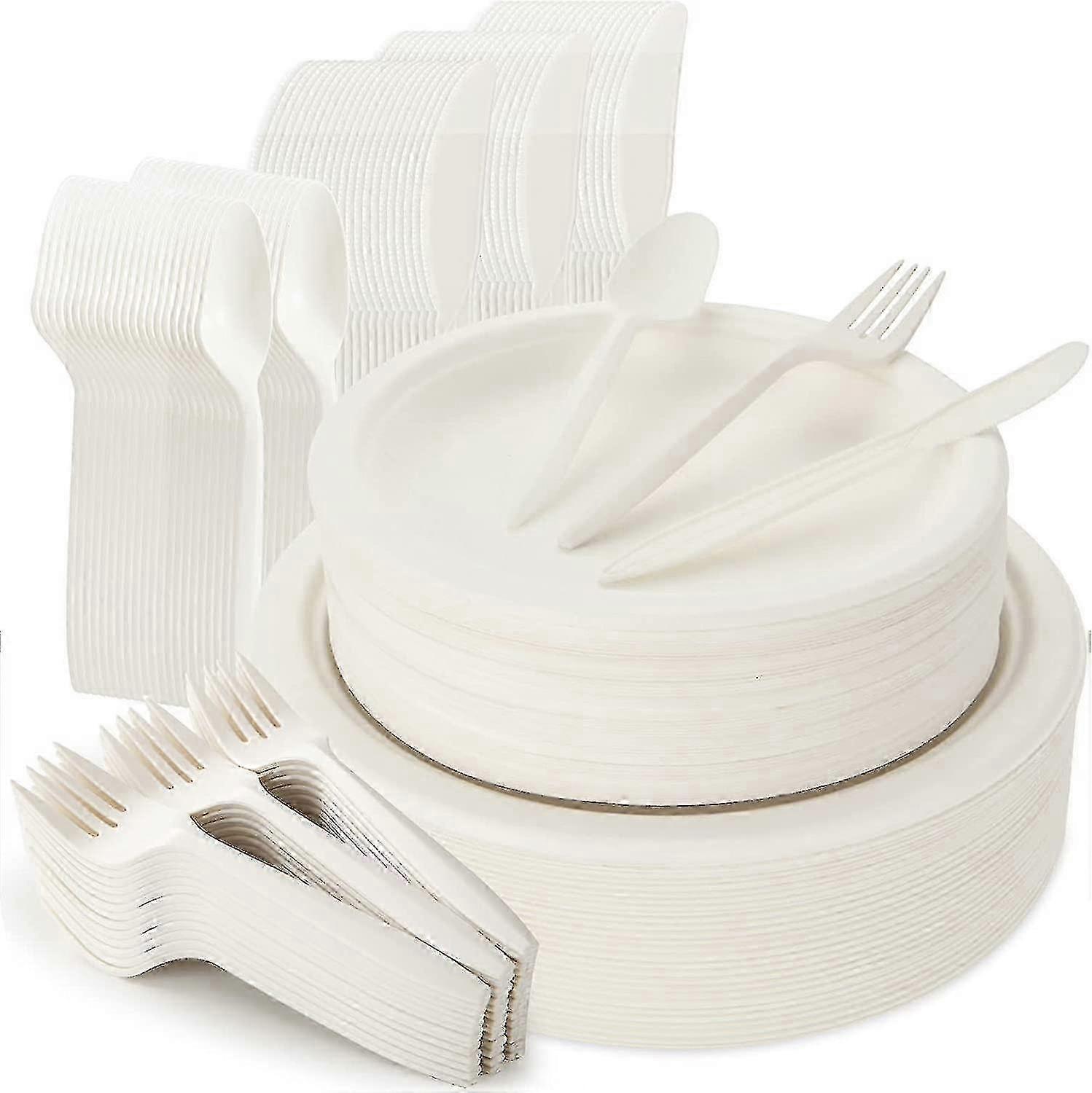 250pcs pratos descartáveis e conjunto de talheres, Kit de louça de bagaço compostável inclui 7 polegadas & 9 polegadas placas de papel, compatíveis, facas e colheres Com