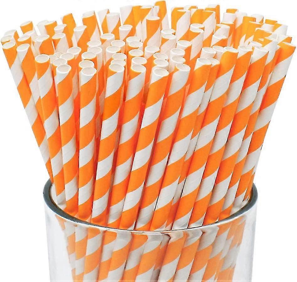 100pcs Premium Disposable Drinking Striped Paper Straws Orange