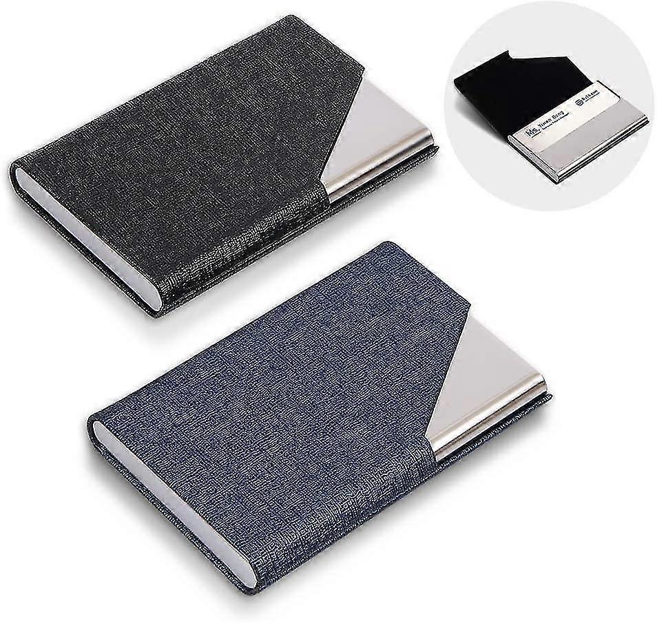 Business Card Holder, Slim Professional 2 Packs Pu Leather+stainless Steel Business Card Case For Traveling And Business-black And Blue