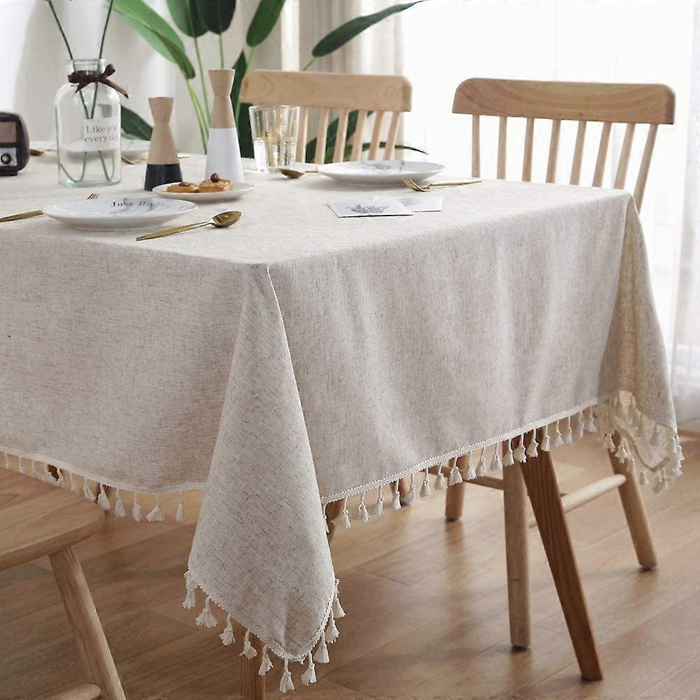 Cotton Linen Tablecloth Solid Tassel Dustproof Shrunk Kitchen Table Decoration (Beige, 140x140cm)