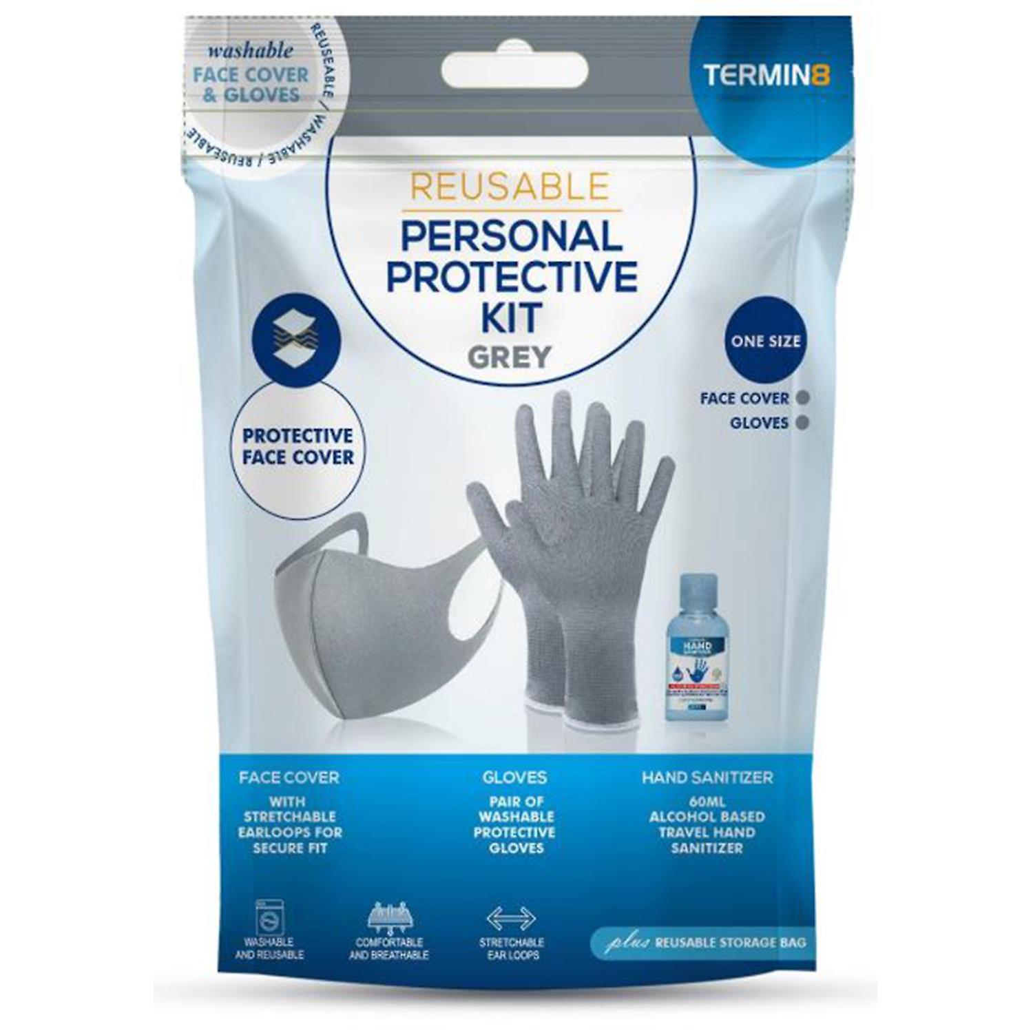 Termin8 Personal Protective Kit, Face Mask, Hand Sanitiser & Hand Gloves - Grey