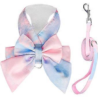 Cute Bow Tie Dog Harness And Leash Set Elegant Rainbow Gradient Puppy Harness No Pull Soft Mesh Pet Cat Dog Vest Harnesses, M-blue