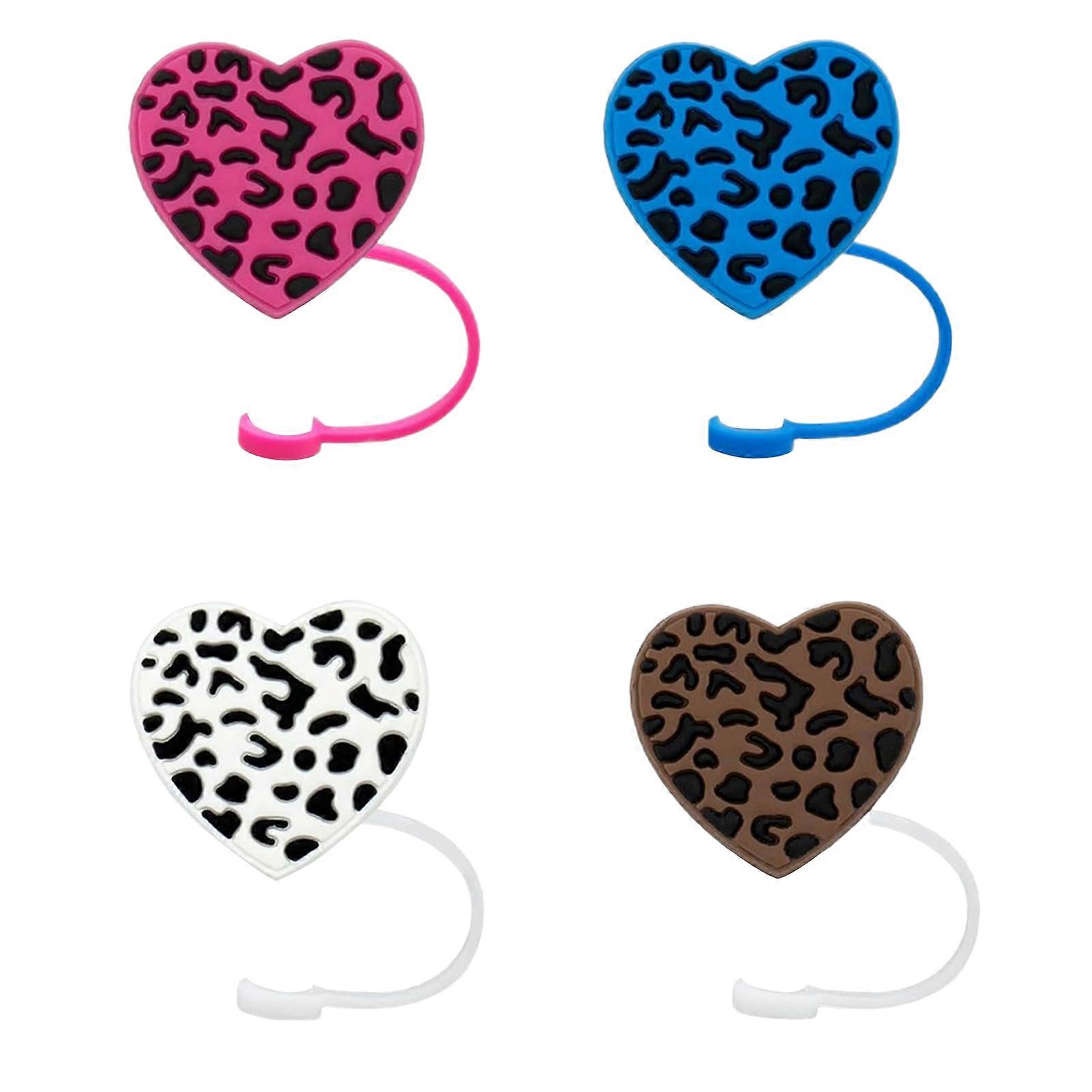 4Pcs Straw Lid Reusable Silicone Straw Covers Heart-Shaped Leopard Print Straw Plug Cups Accessories Jikaixiang