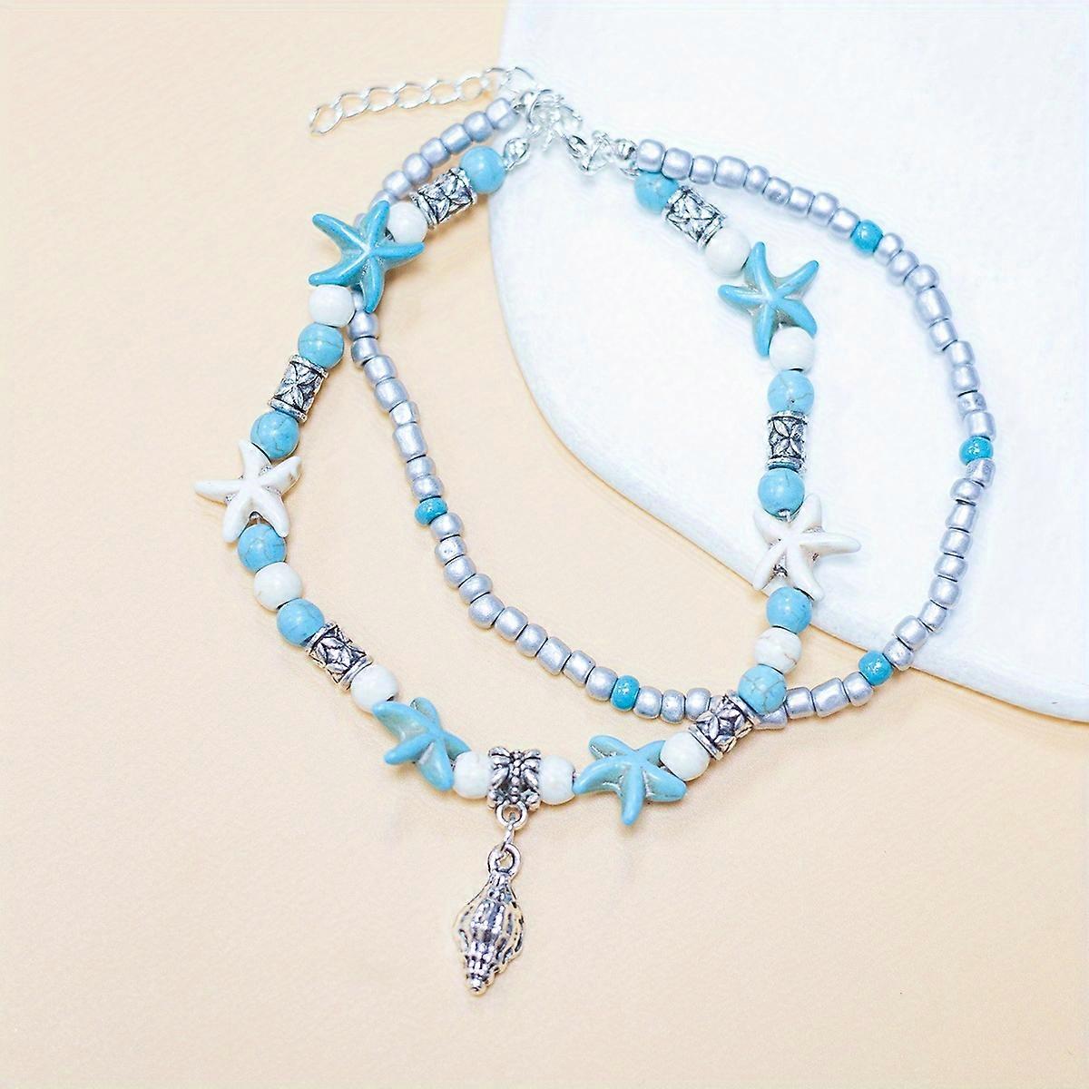 JUEGE * مطرز سحر خلخال سلسلة نجم البحر & سلحفاة على شكل حبات أرز ملونة مجوهرات الشاطئ القدم قابل للتعديل للنساء والفتيات