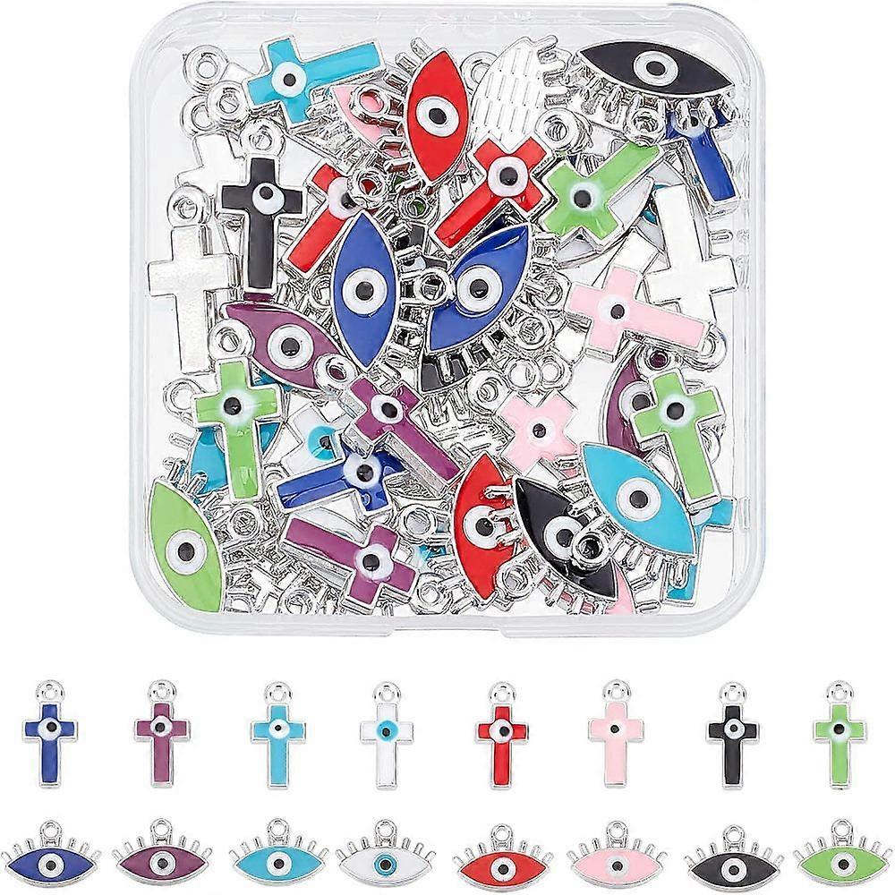 64Pcs 16 Style CCB Plastic Enamel Pendants Cross with Eye & Horse Eye Mixed Color 4pcs/style