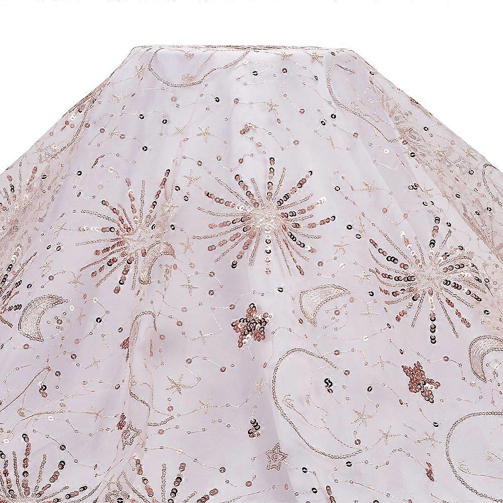 Star Moon Pattern Embroidered Polyester Mesh Fabrics with PVC Sequins Pink 1560x0.8mm 2 yards/pc