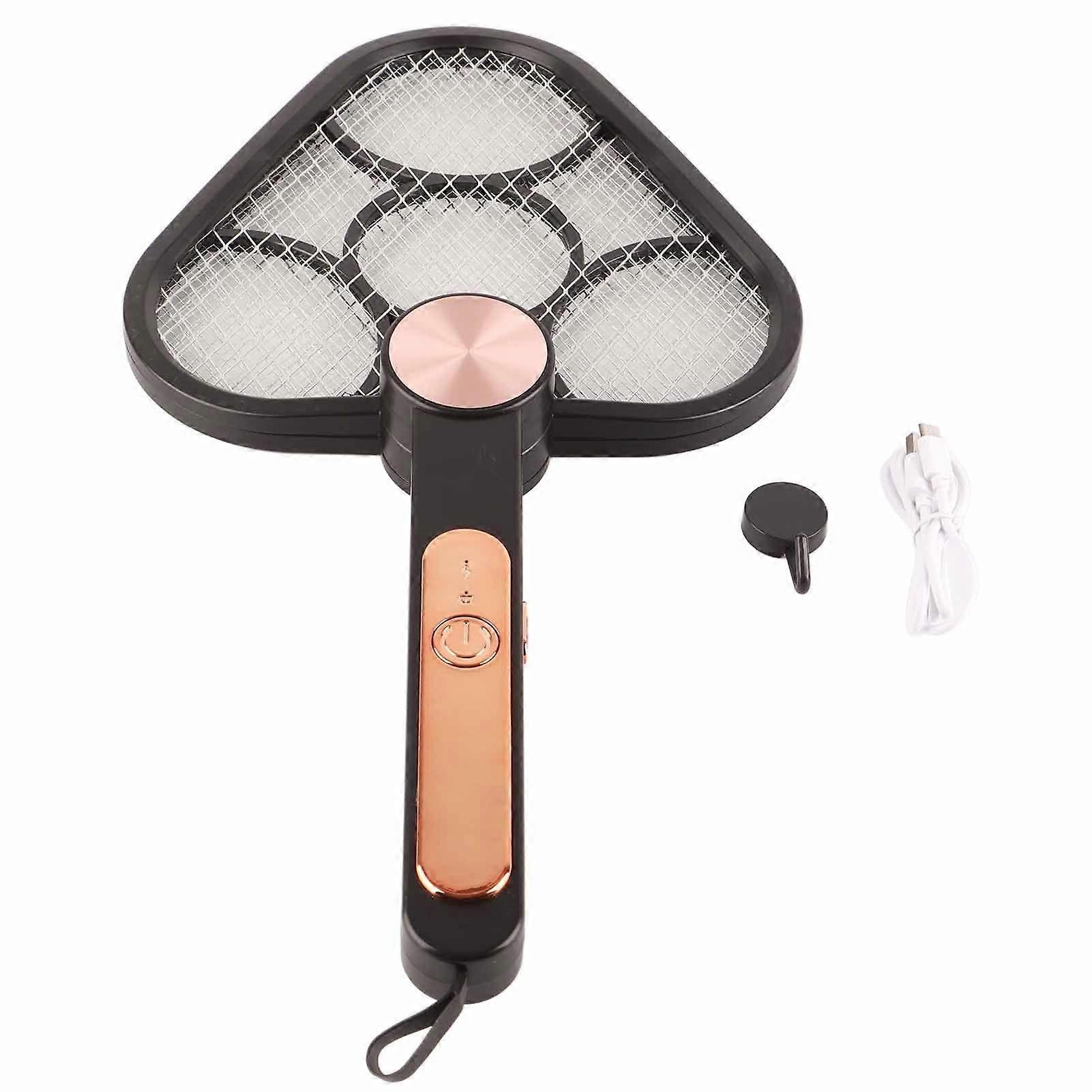 Electric Fly Swatter Foldable Hanging Storage Rechargeable Multi Function Electric Fly Killer Bug Racket Black and Gold USB