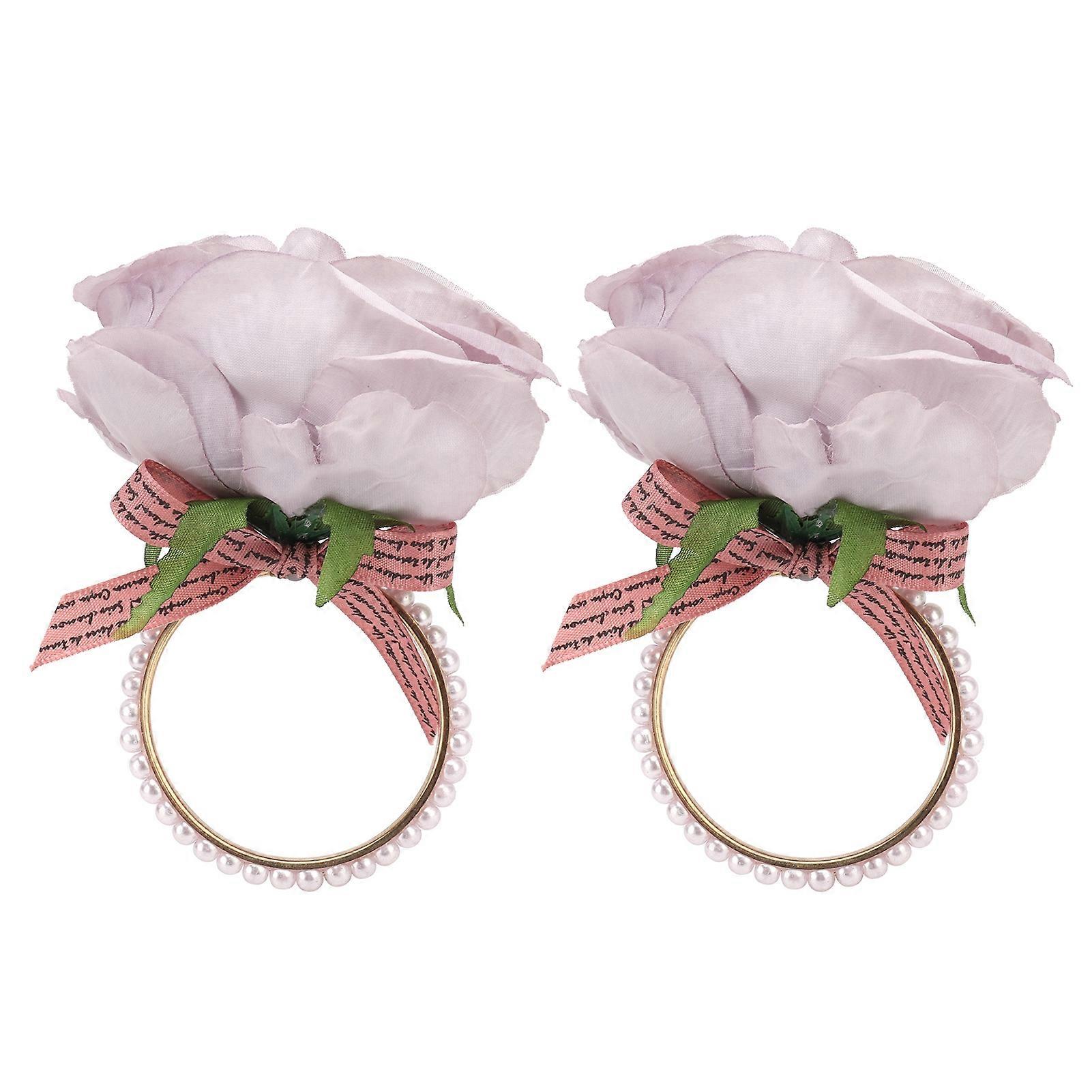 Iron Napkin Ring 2 Pcs Set with Simulation Flower and Artificial Pearl for Hotel and Festival Table Decor, Purple Color