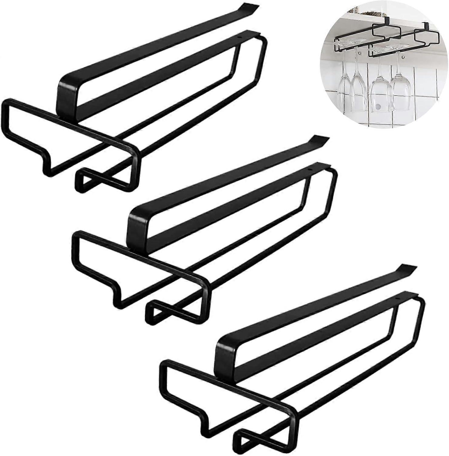 3-pak hængende vinglasstativ, vinglasstativ under skab, ingen boring hængende stilkstativ, metalglasstativ (sort)