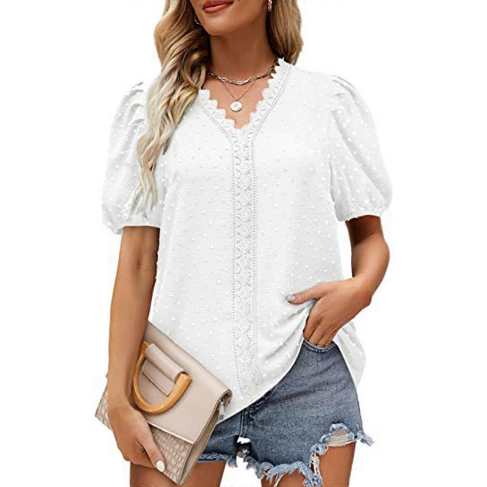 Tshirts for Womens Summer Casual Tops Short Sleeve V-Neck Vintage Swiss Dots T Shirt Loose Boho-Blouse Summer Tees  White XL