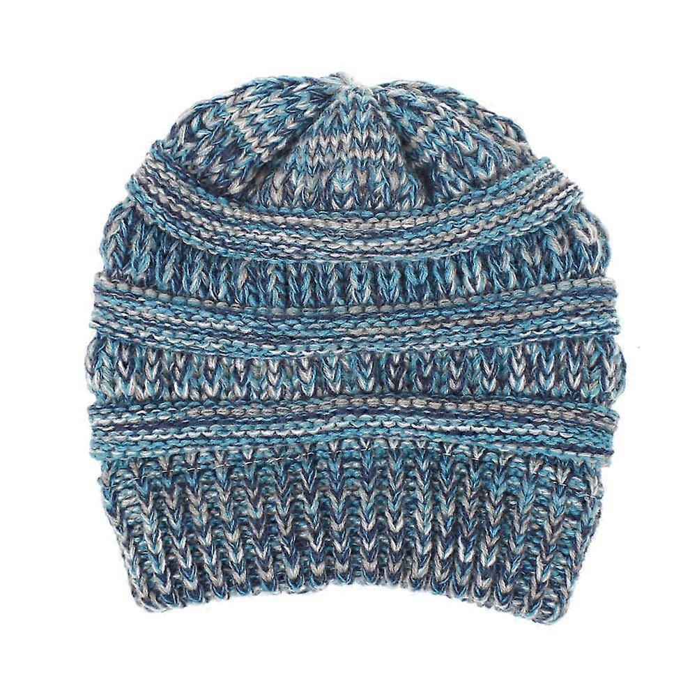 Mixed Color Knitted Wool Hat Women's Ponytail Hat (Blue)