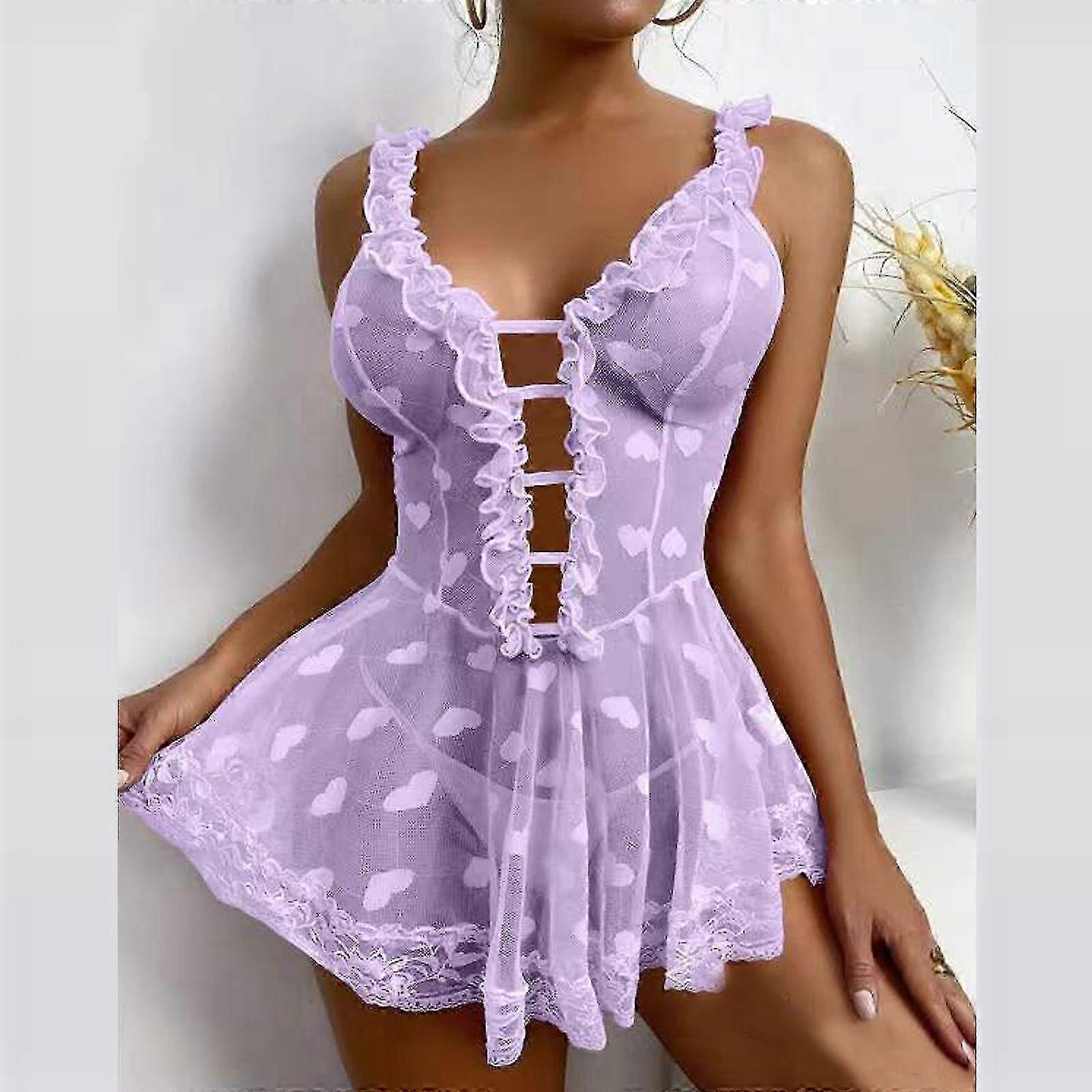 Lace-Up Mesh Nightgown with Stylish Solid Heart Pattern for Women's Fashion