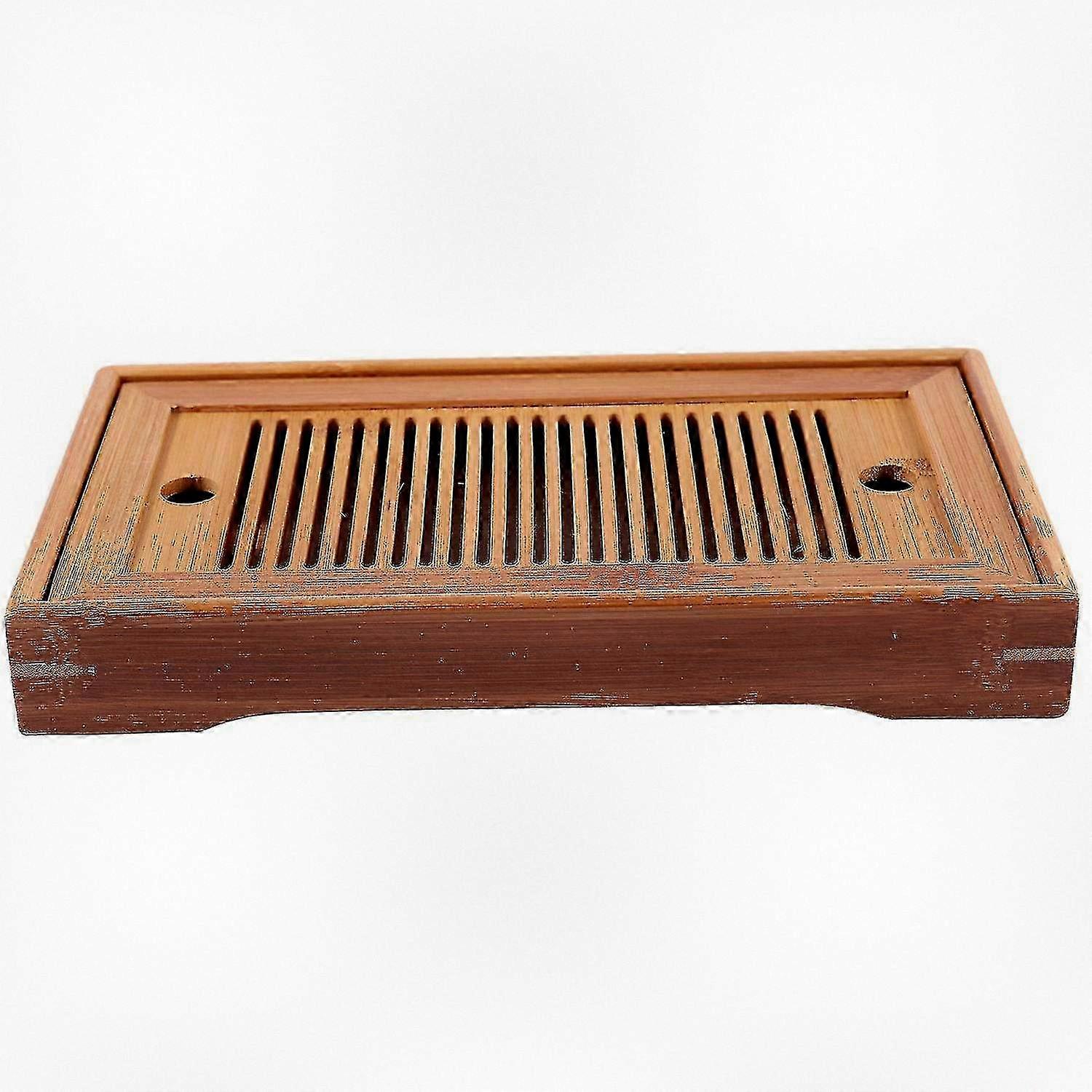 Bamboo Tea Serving Tray with Drain Rack and Tea Accessories, 25x14x3.5cm Traditional Chinese Style Tea Table