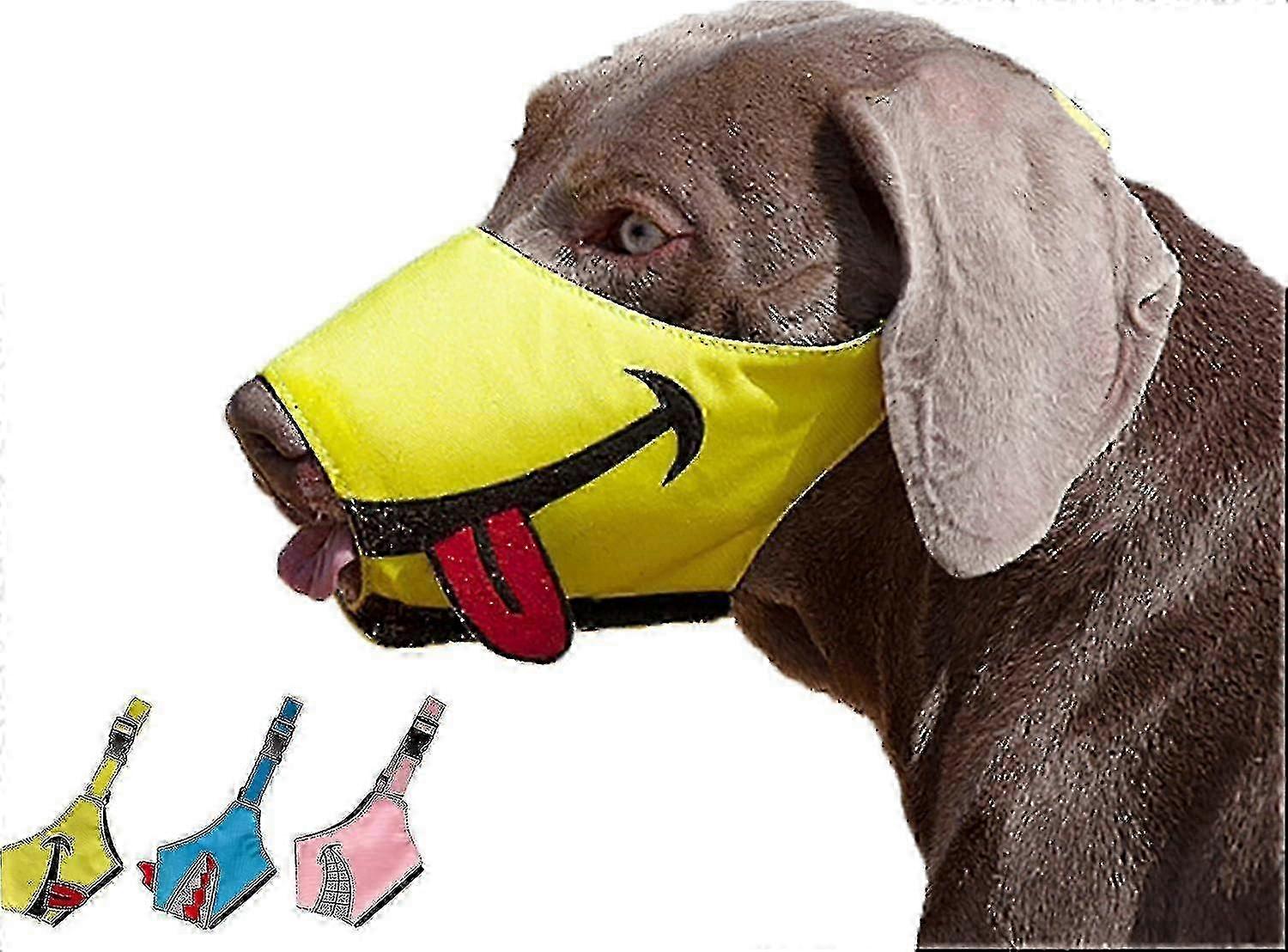 Dog Muzzle with Smiley Face, Soft Breathable Air Mesh Nylon, Adjustable Mouth Cover for Anti Biting and Barking, Yellow