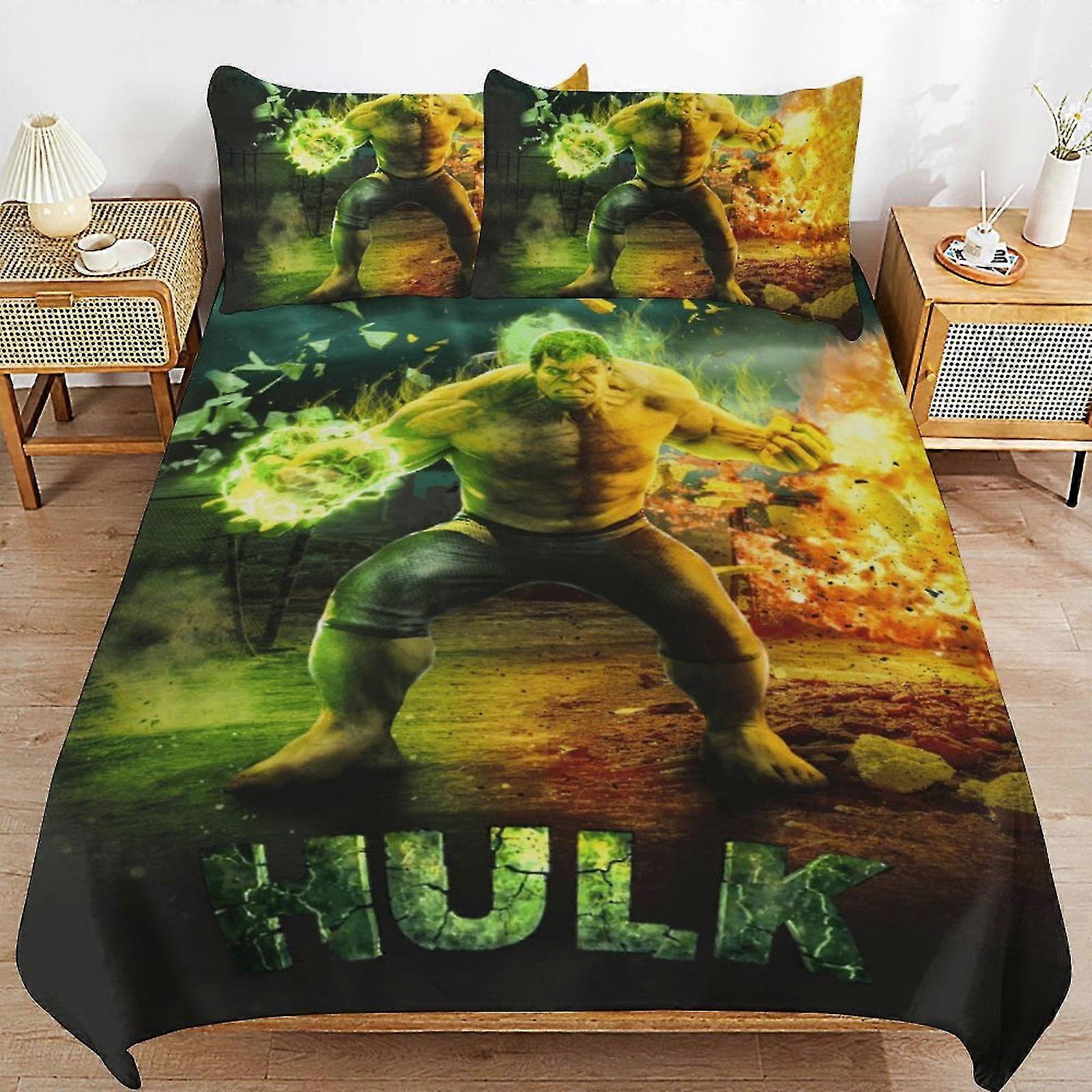 Conjuntos de Cama de Desenho Animado Fofos com Design de Hulk Verde, Decoração de Quarto Leve Impressa em 3D, 1 Capa de Edredom e 2 Travesseiros para Crianças, 8670