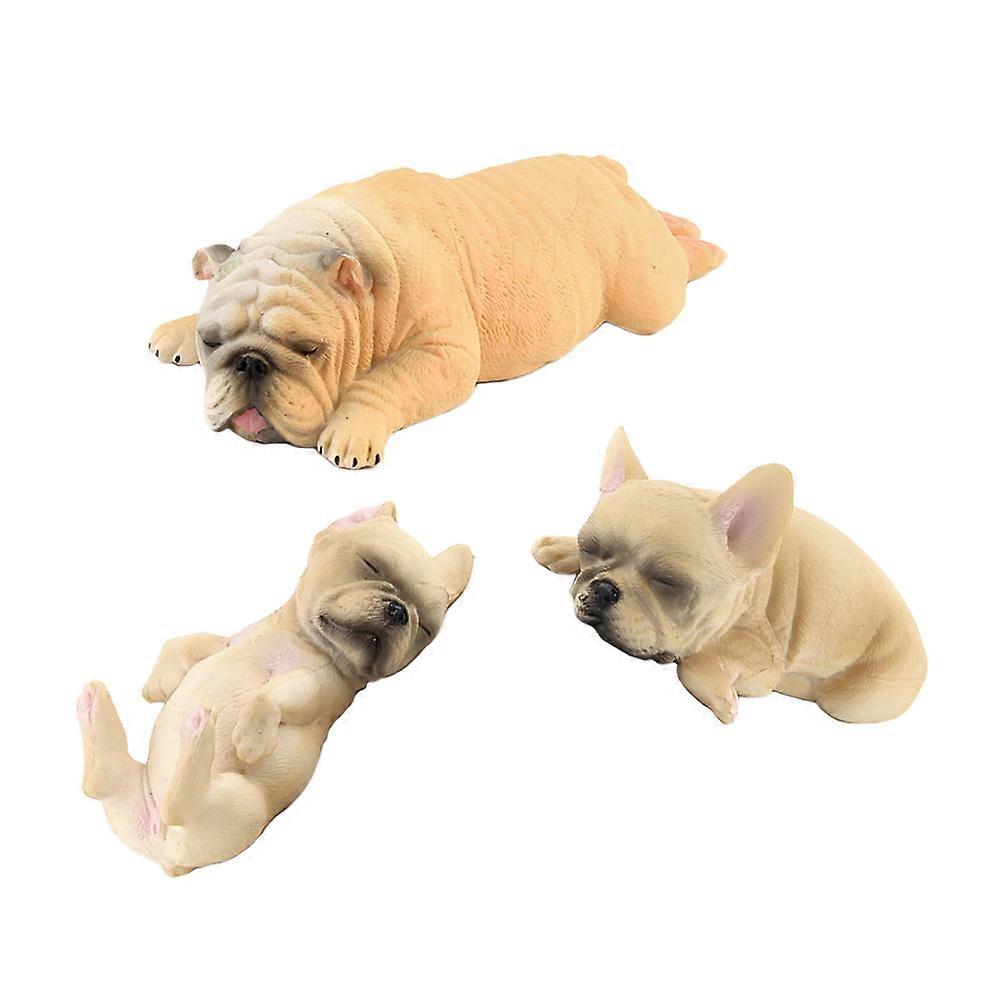Realistic Bulldog Statue for Home Decor Made of Plastic in Khaki Color 3 Pieces