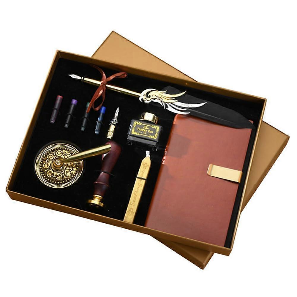 Quill and Ink Set, Retro Feather Pen, Leather Notebook in Gift Box