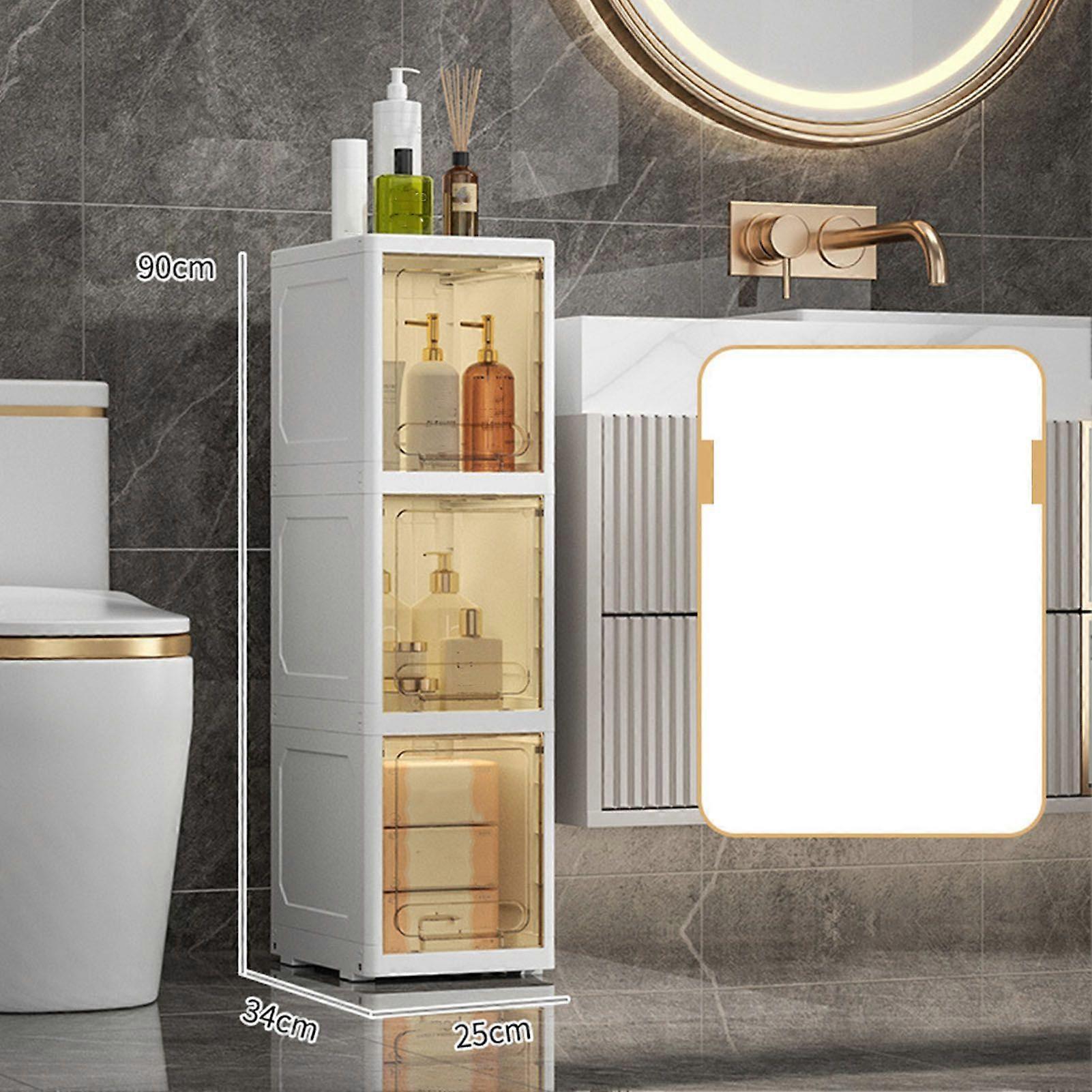 Plastic Bathroom Floor Cabinet Narrow Bathroom Floor Storage Cabinet Vertical Storage Unit with Clear Drawers Casters for Small Spaces Gaps 3 Tiers 25