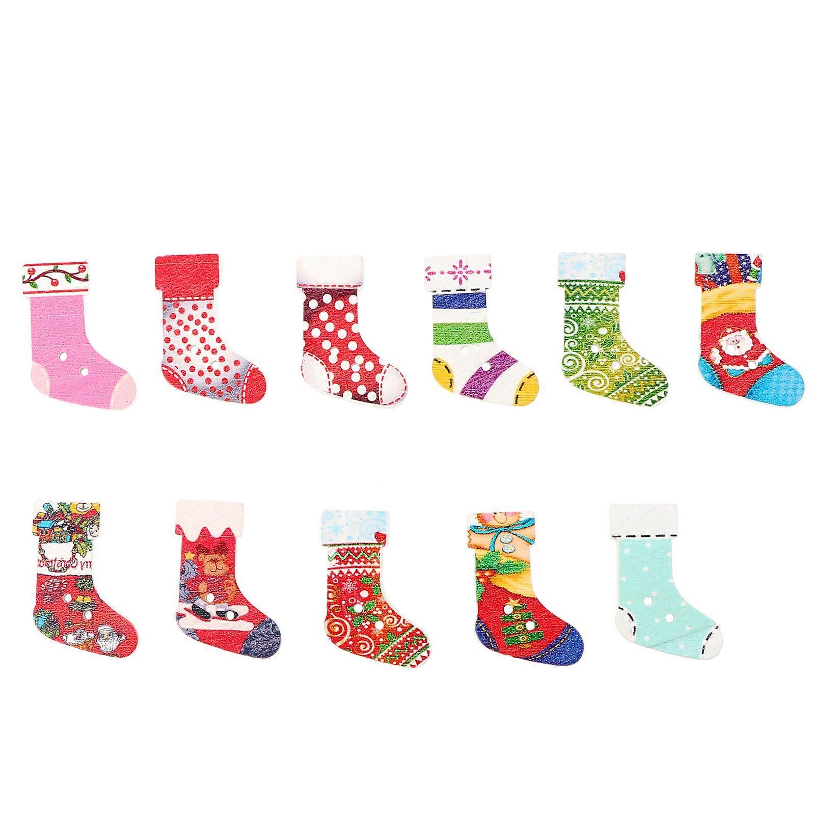 Christmas Buttons 100Pcs Stocking Shaped Wooden Accessories For Craft Enthusiasts Mixed Style Assorted Color Ideal For DIY Projects