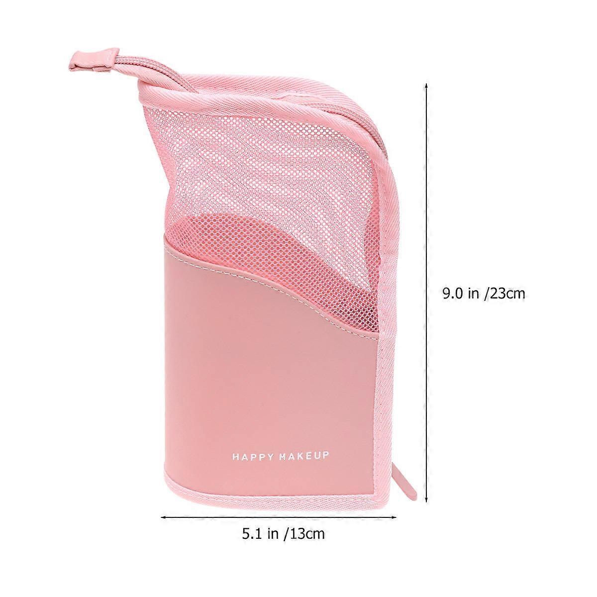 Travel Makeup Bag Pink PVC Mesh Translucent Zippered Case For Makeup Brushes Eyeliners Home Use 1Pack