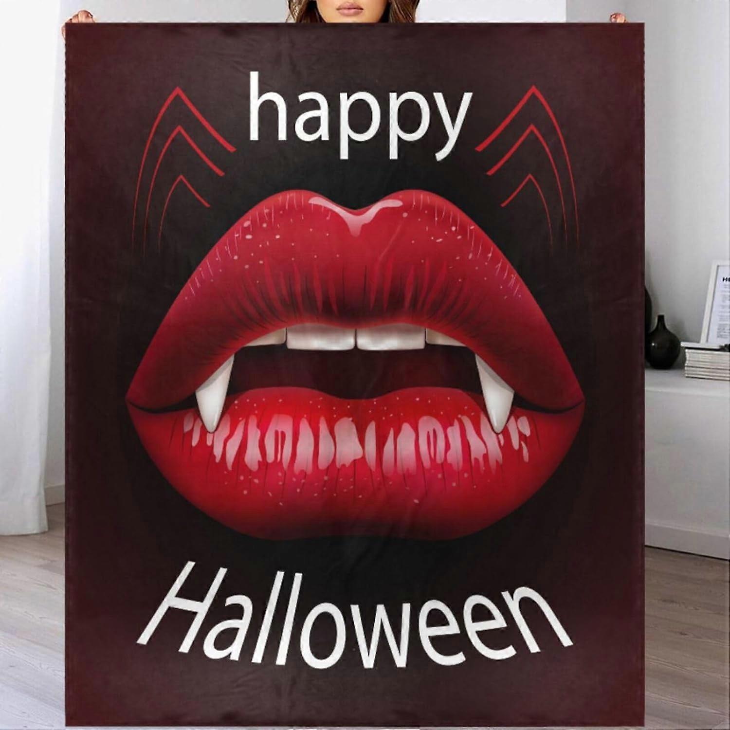 Happy Halloween Fangs Throw Blanket 50x60 Inches, Soft Cozy Flannel Fleece with Red Lips Vampire Design, Lightweight Warm Fuzzy Blanket for Couch,