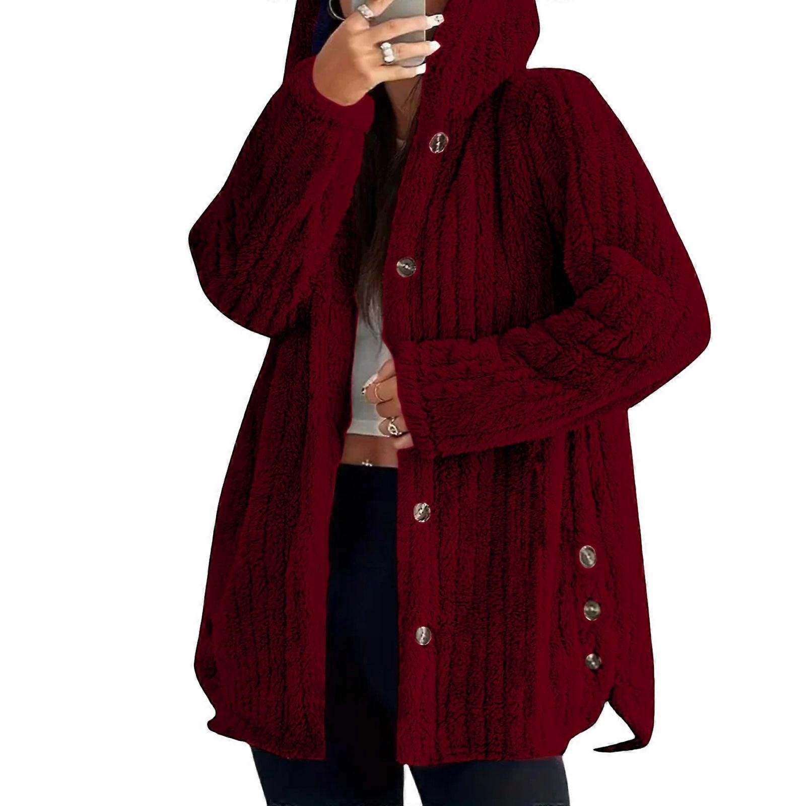 Women's Fuzzy Fleece Sherpa Jacket Hooded Fall Winter Button Up Warm Outerwear Coats  Burgundy XL