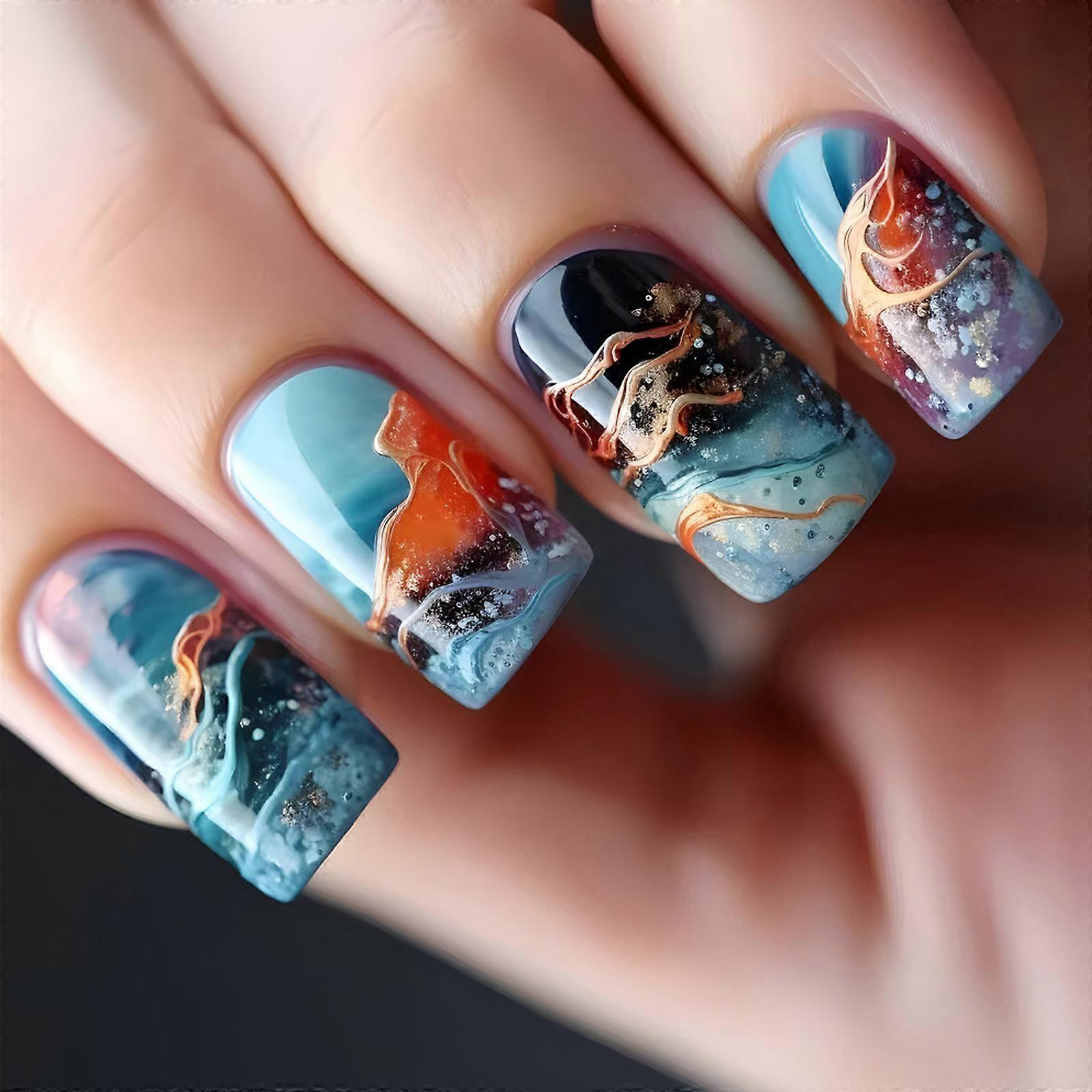 24 Pcs Gradient Artificial Nail 3D Emboss Press On Nail Square Shape Full Cover False Nail Reusable Stick on Nail Multicolor