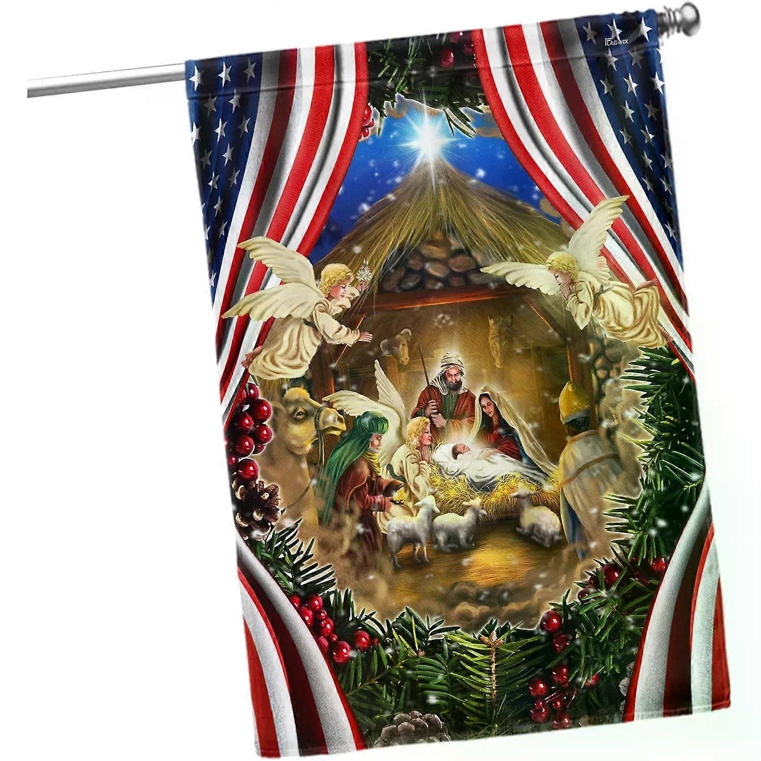 Bandeira de Natal Cristã Resistente com Presépio, 30x45 cm, Dupla Face, em Poliéster, para Jardim, Decoração de Natal para Ambientes Internos e Externos.