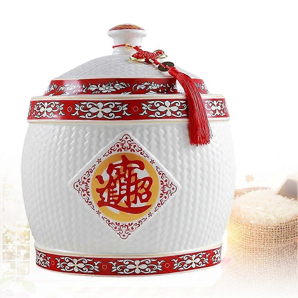 Ceramic Rice Dispenser with Lid, Airtight MoistureProof Large Capacity Chinese Style Jar 2.5KG