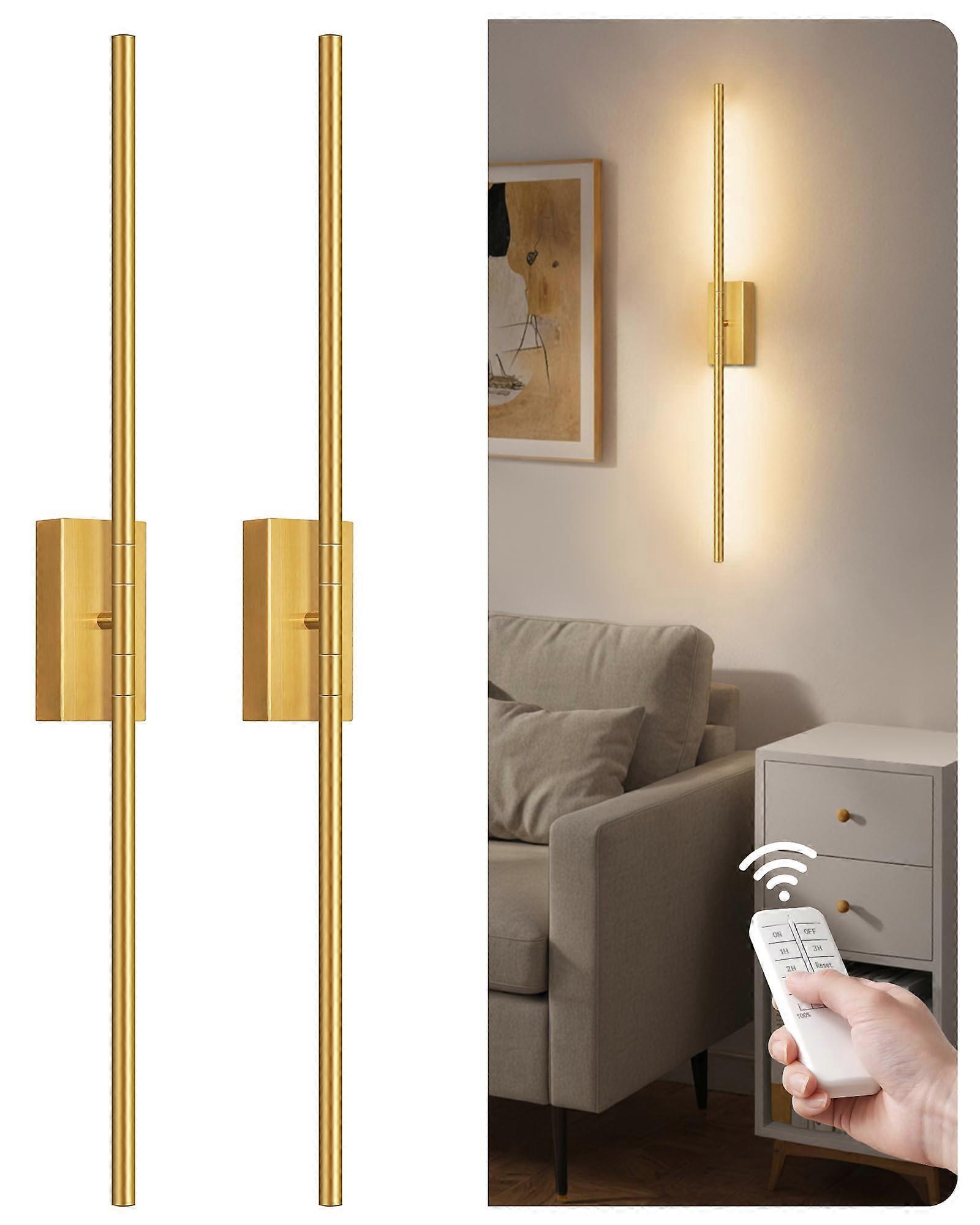 Wireless Rechargeable Wall Sconces Set of 2 with Remote, 360° Rotatable Touch Dimming, Gold 34.6'
