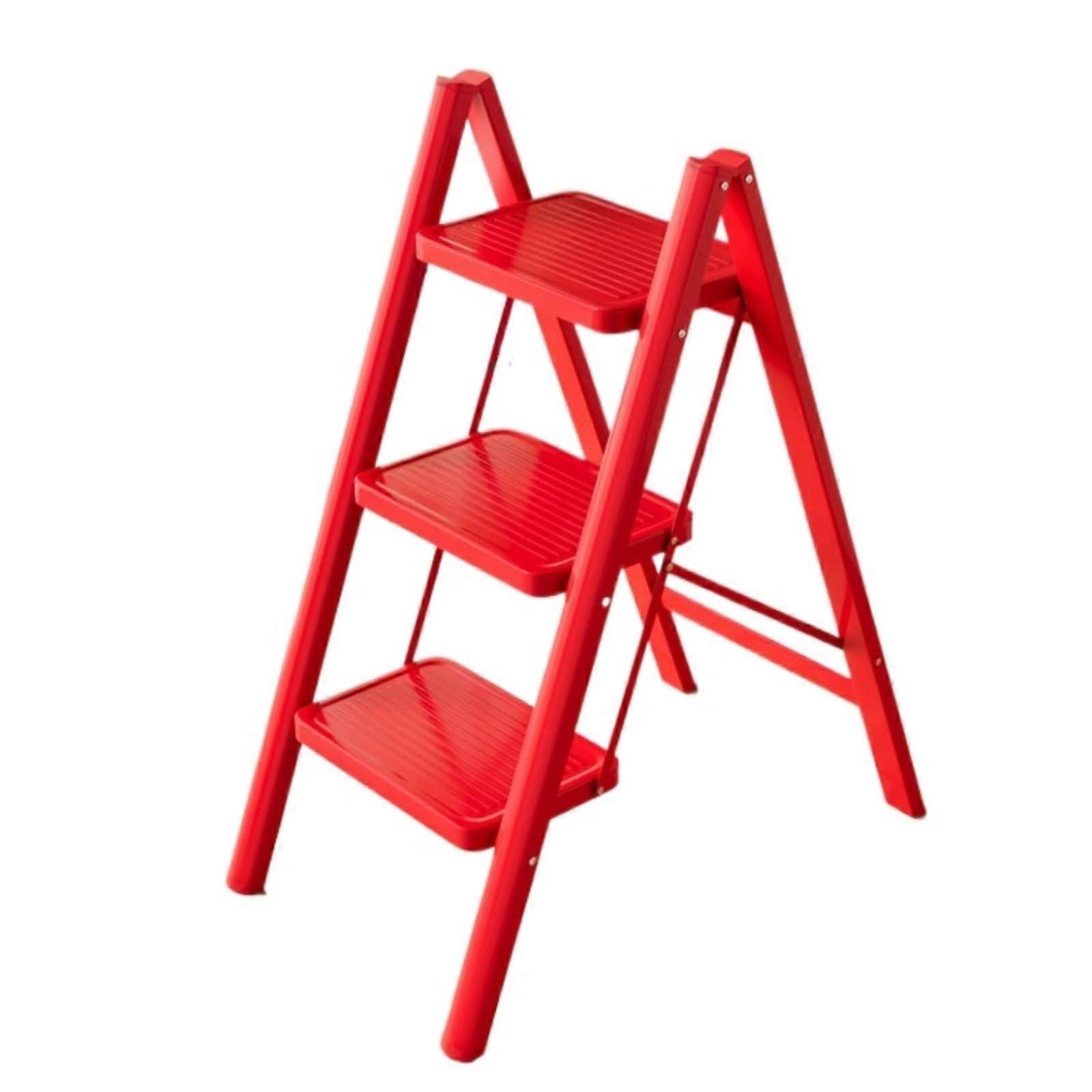 Folding Step Ladder 3 Step Compact Steel with Wide NonSlip Pedals for Home Use Red