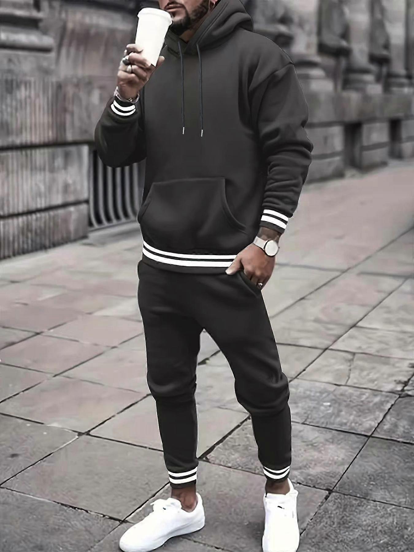 Men's autumn and winter set long-length ribbed polyester fabric with slight elasticity drawstring elastic fashion sportswear set