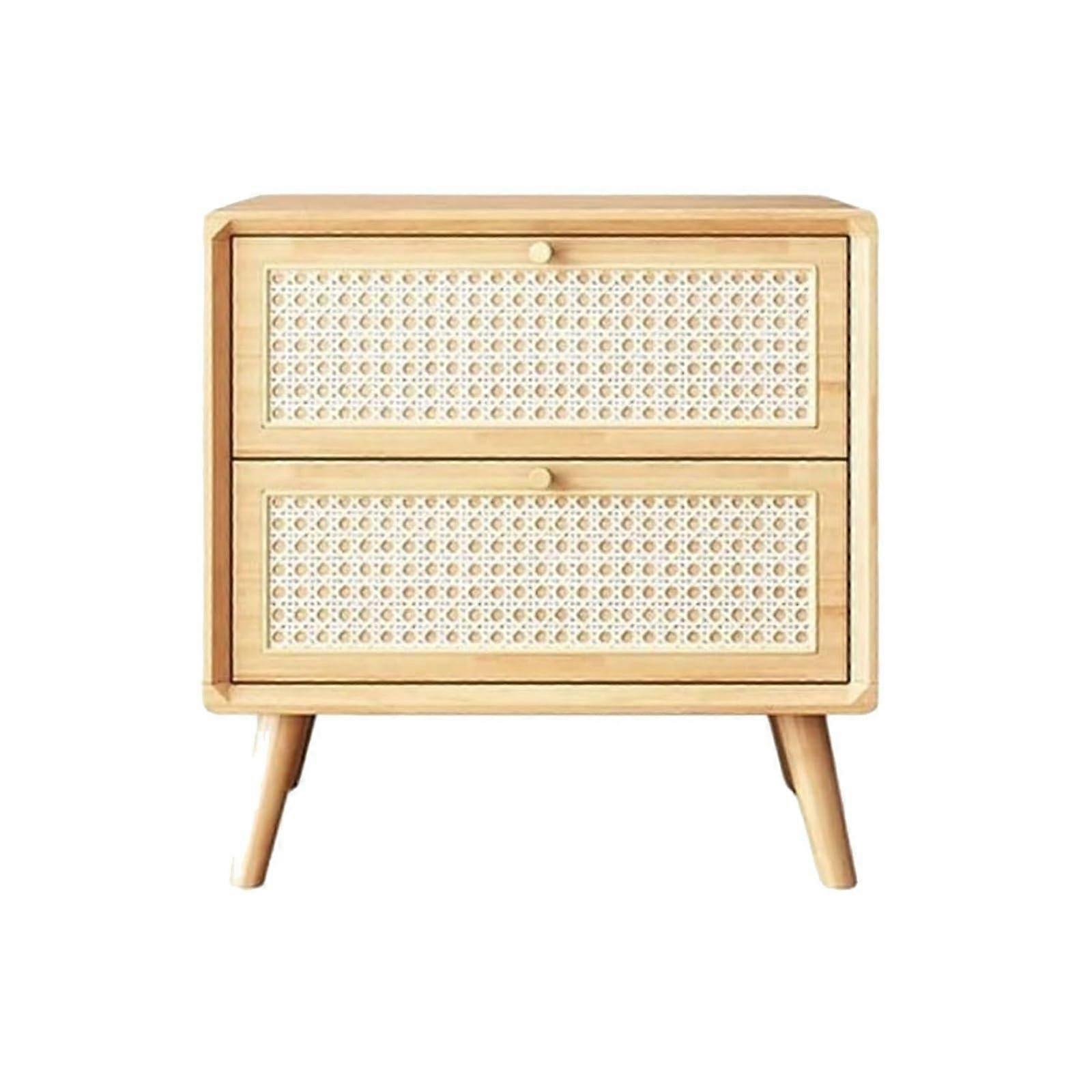Nordic Bedside Table with Dual Drawer Storage, Modern Rattan Nightstand for Small Spaces