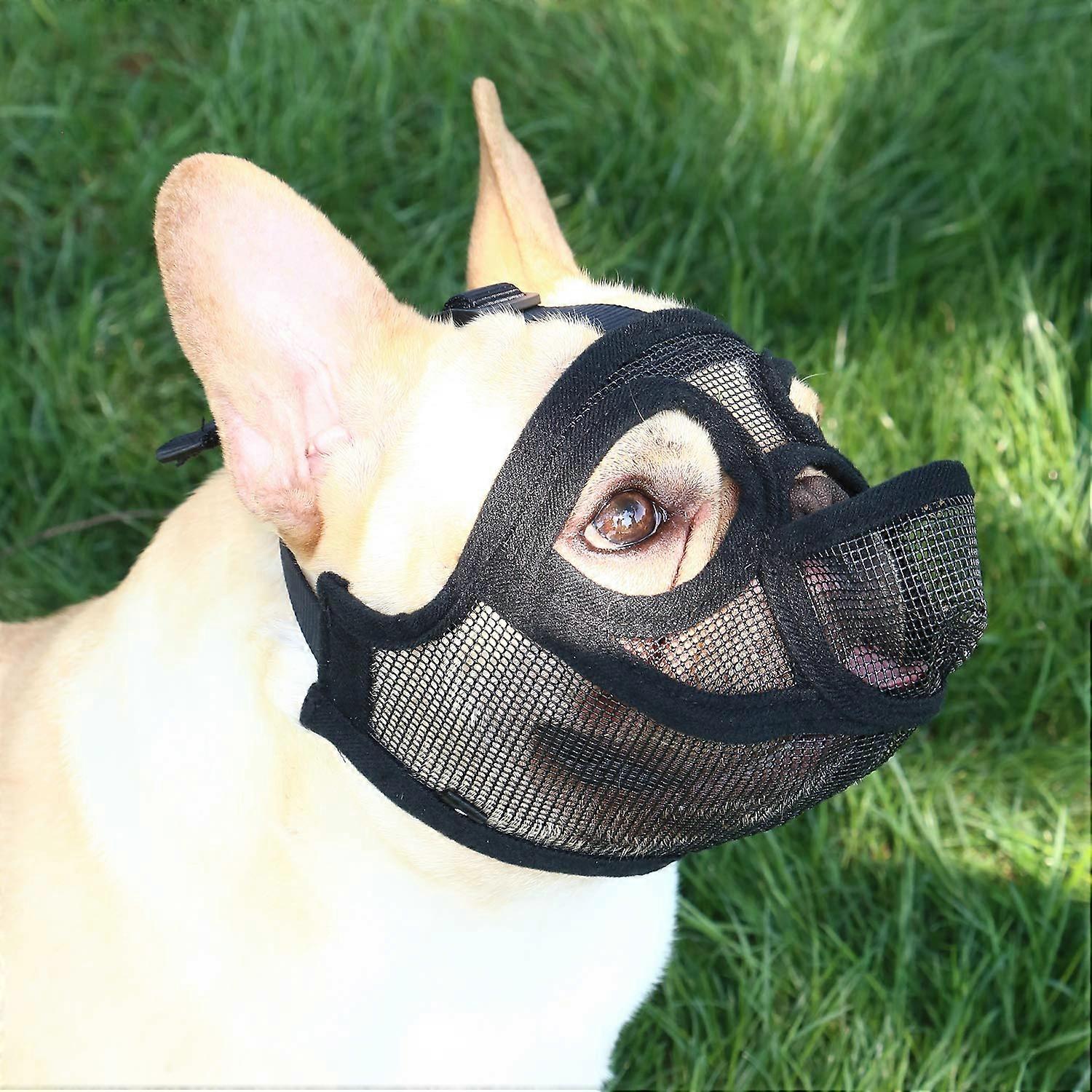 Dog Muzzle for Short Snout with ThreeHole Breathable Mesh, Adjustable Strap Bulldog Muzzle Size L
