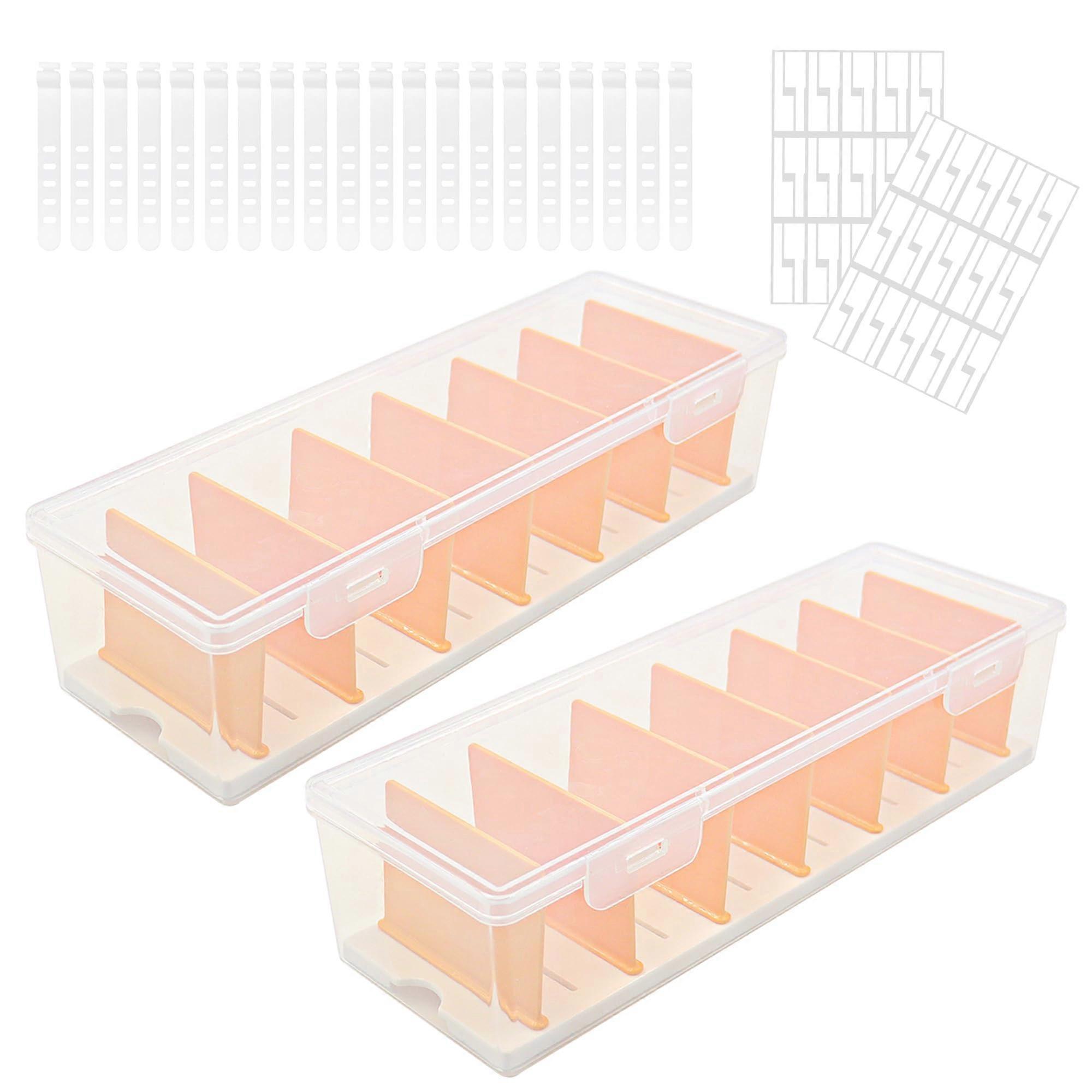 2 Pack Transparent Cable Organizer Box with Adjustable Dividers, 8 Compartments, Labels and Ties