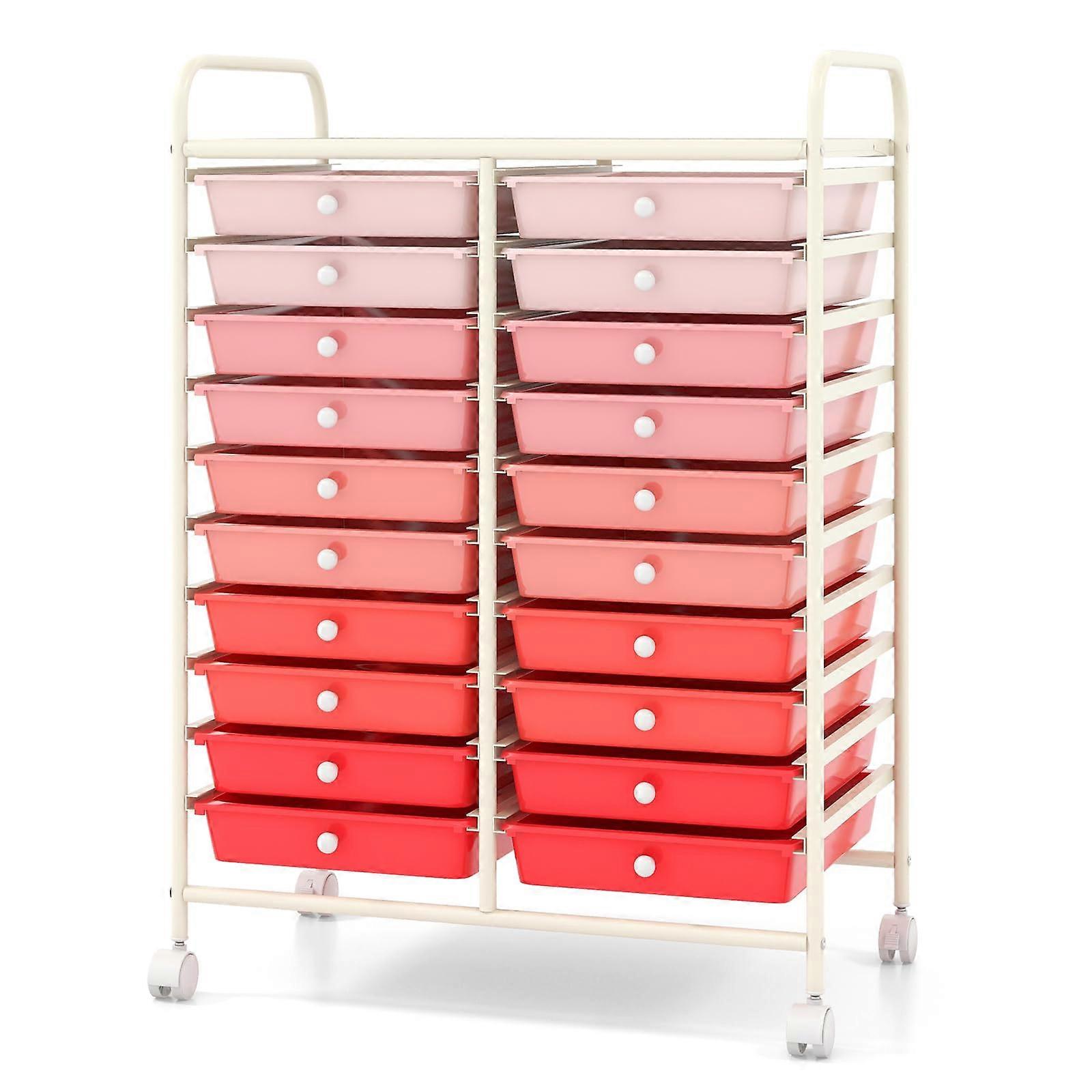 Gradient Pink 20 Drawer Rolling Storage Cart with Lockable Wheels and Metal Frame for Office or Makeup