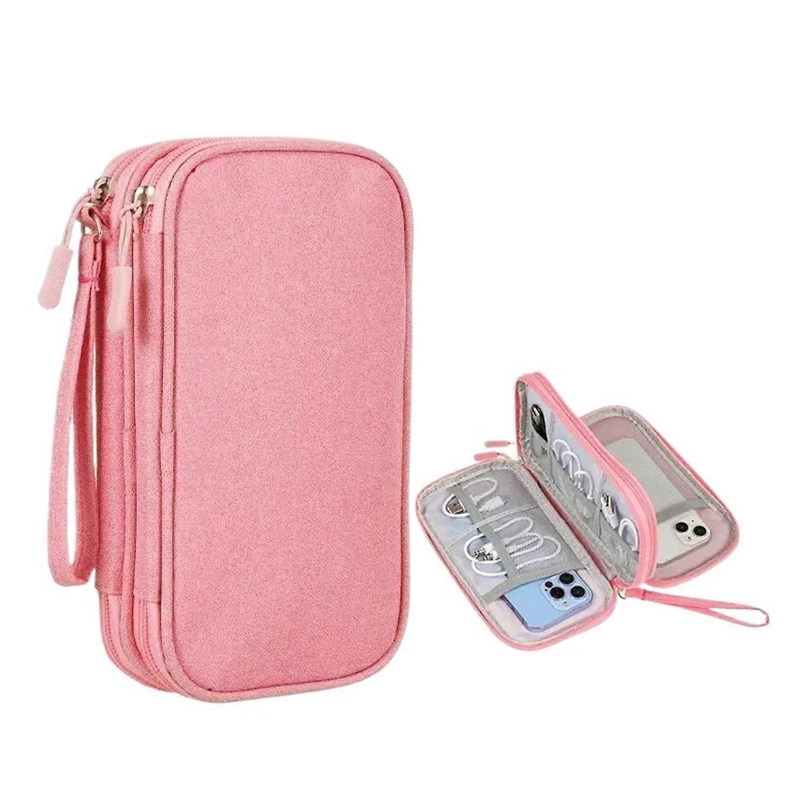 Travel Organizer Bag Waterproof Double Layer Cable Storage Case Pink Electronics Accessories
