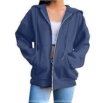 Sudadera con capucha informal con cremallera completa para mujer, cómoda, holgada, de manga larga, color liso, con bolsillos