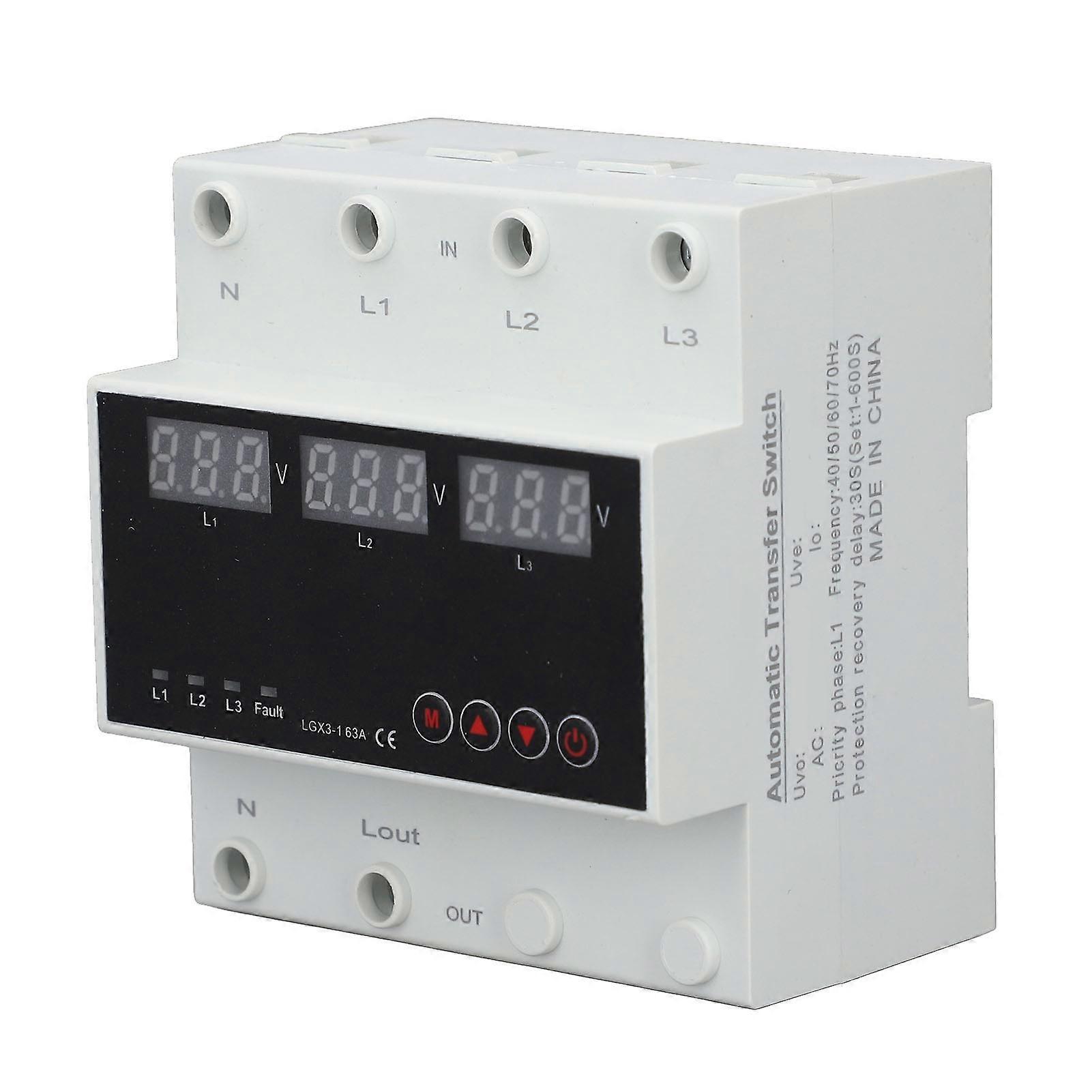 Automatic Transfer Switch DIN Rail Mounted 3 Phase Adjustable LED Display Under Over Voltage Protector AC220V