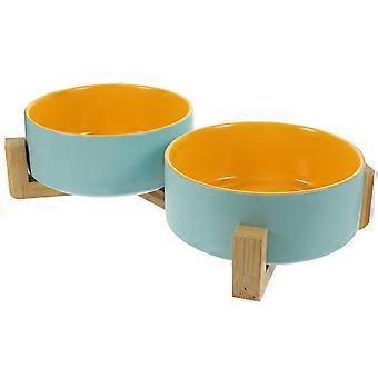Orange keramisk skål för husdjur för servering med träställ 1 set