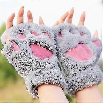 Ladies Girls Womens Cat Paw Gloves Winter Gloves Fingerless Paw Mittens Warm Plush Half-finger Winter Gloves2setblack + Gray