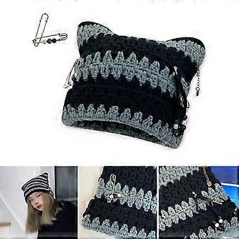 Y2k Handmade Cat Ear Shape Hat Knit Winter Windproof Hat with Paper Clip Decor