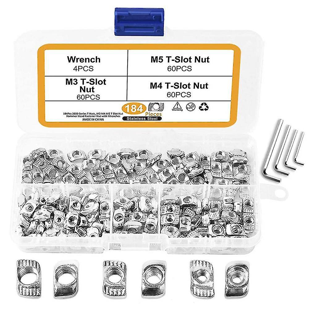 Pxcl 184pcs T Lock Nut Assortment Kit, Slotted Nut Hammer Head Fixing Nut Kit For Aluminum Profile Made Of Carbon Steel, Size Of M3 M4 M5