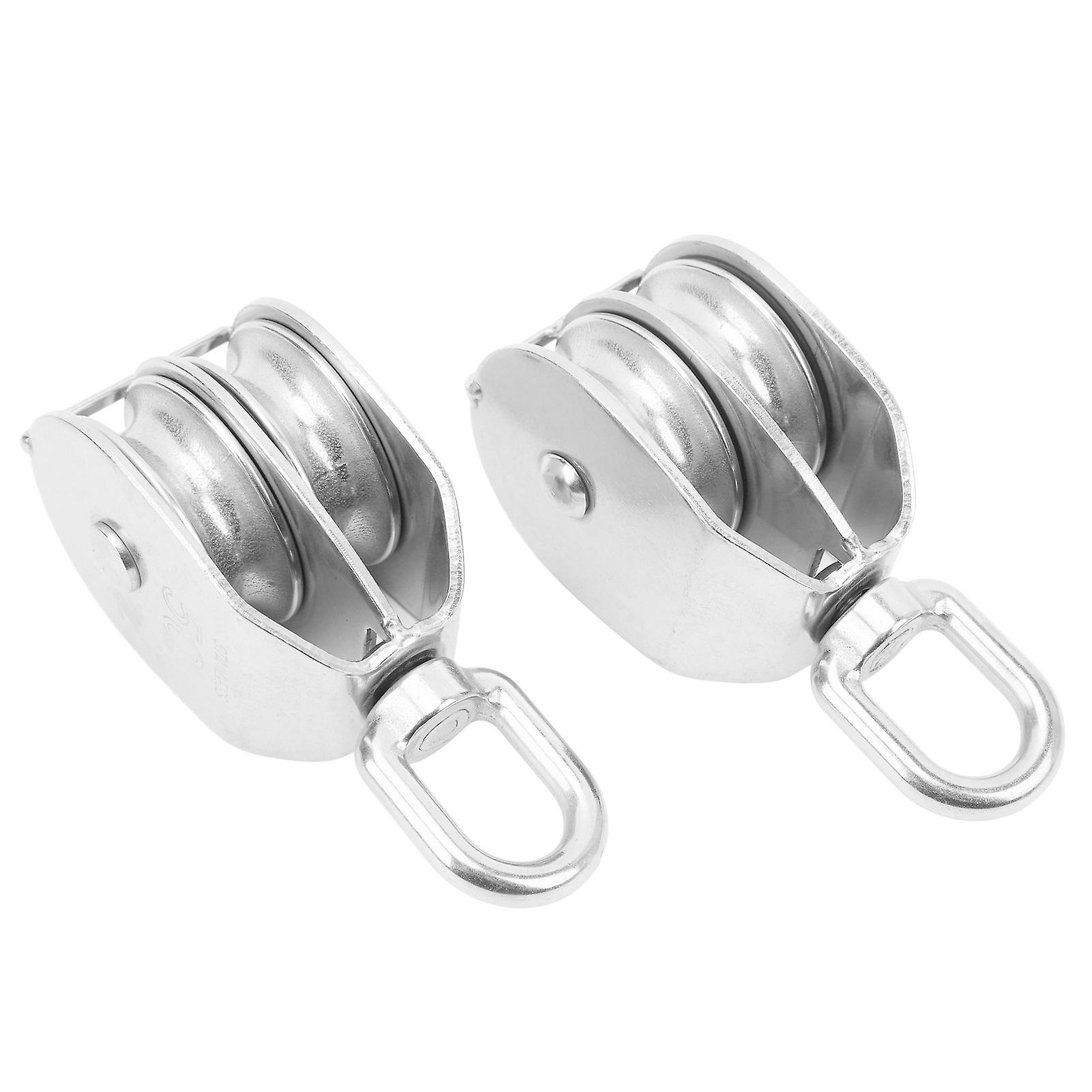 Uadme Pulley Block, 2Pcs Lifting Double Pulley Block Heavy Duty Stainless Steel Roller M50 Wire Rope Crane Hanging 400KG Loading