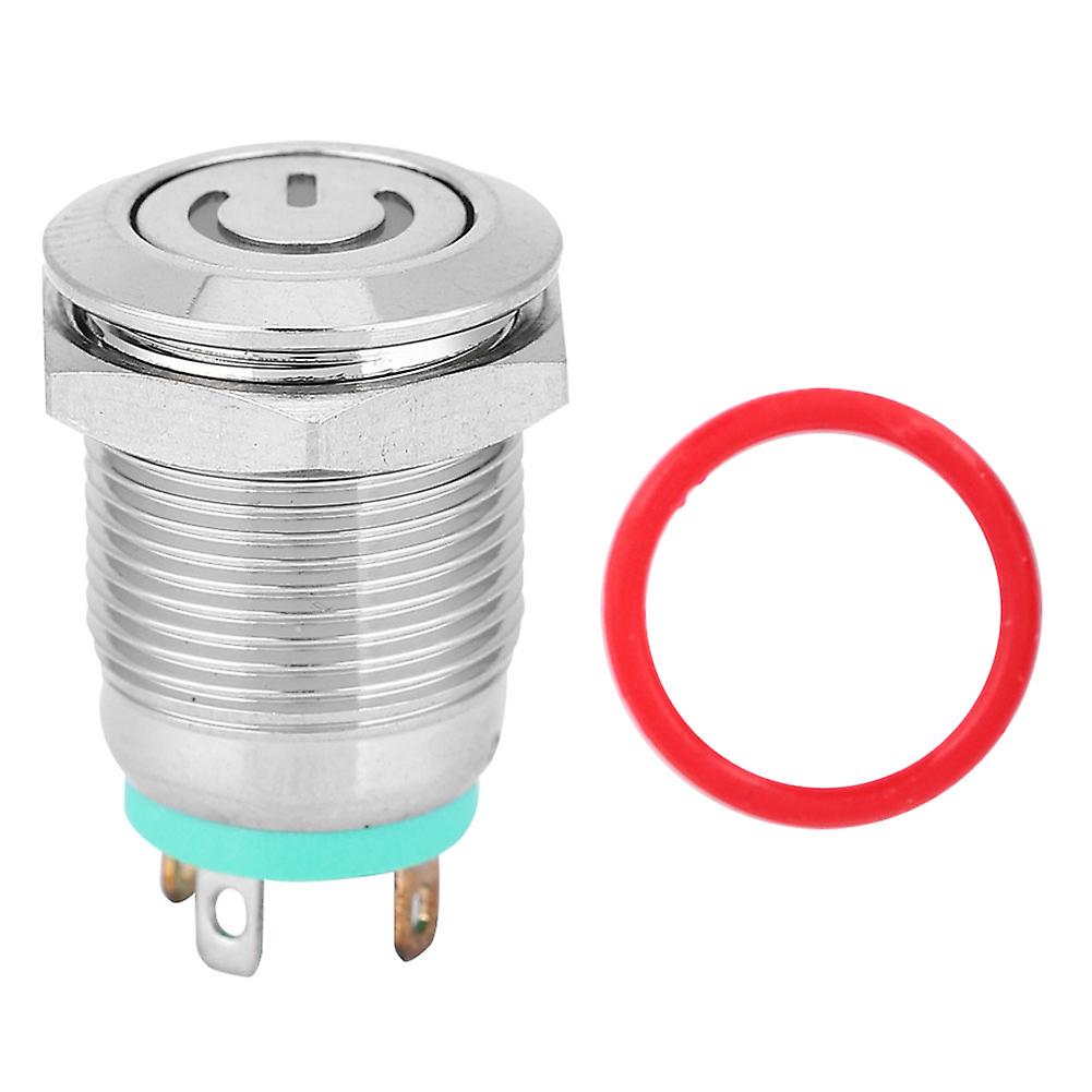Green LED 12mm Flat Head Metal Push Button with Power Symbol, Self Reset, 12V