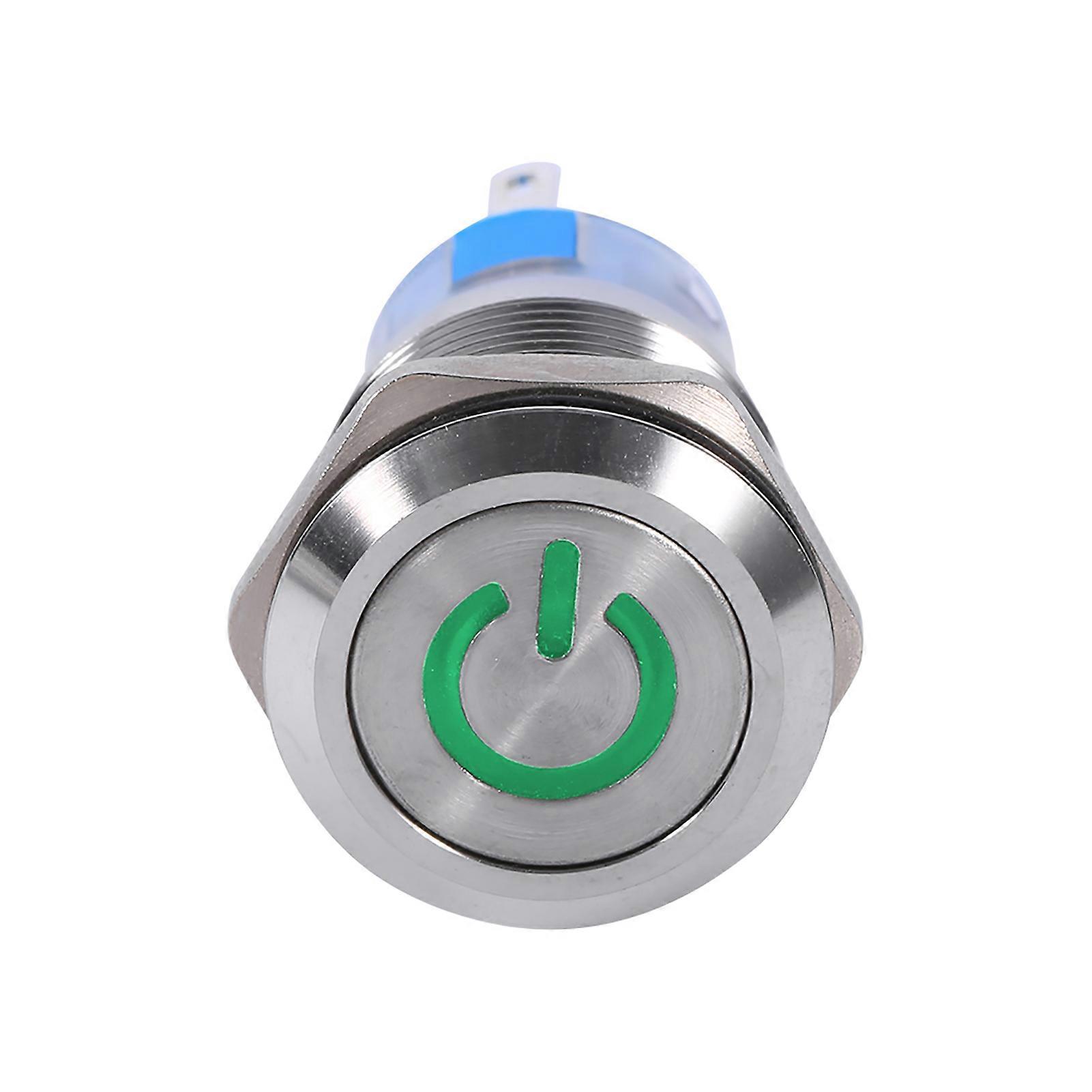 19mm 12V-24V Waterproof Stainless Selflocking Latching Push Button Power Switch Green LED