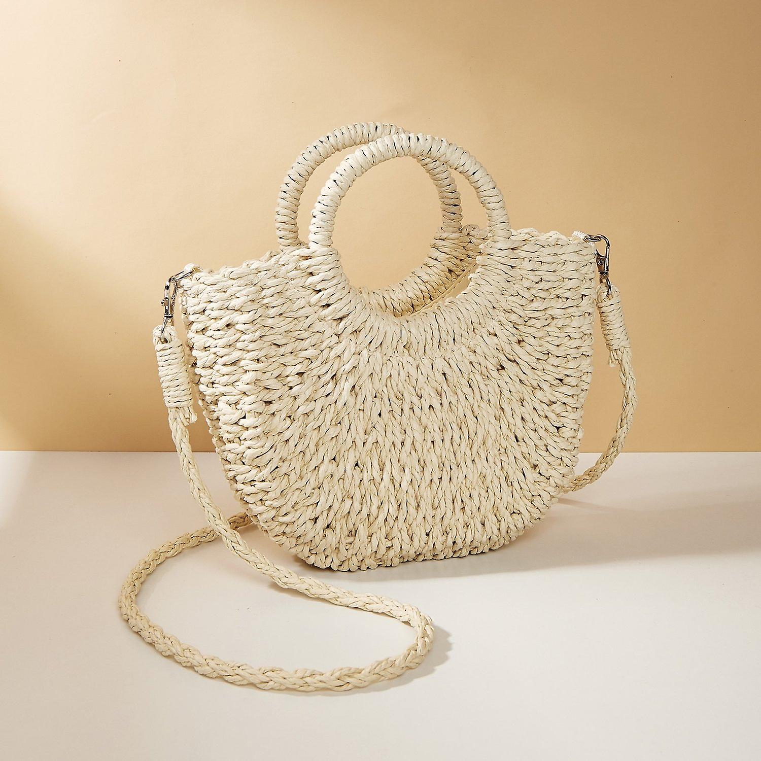 Half-moon Shape Woven Beach Tote Bag Beige