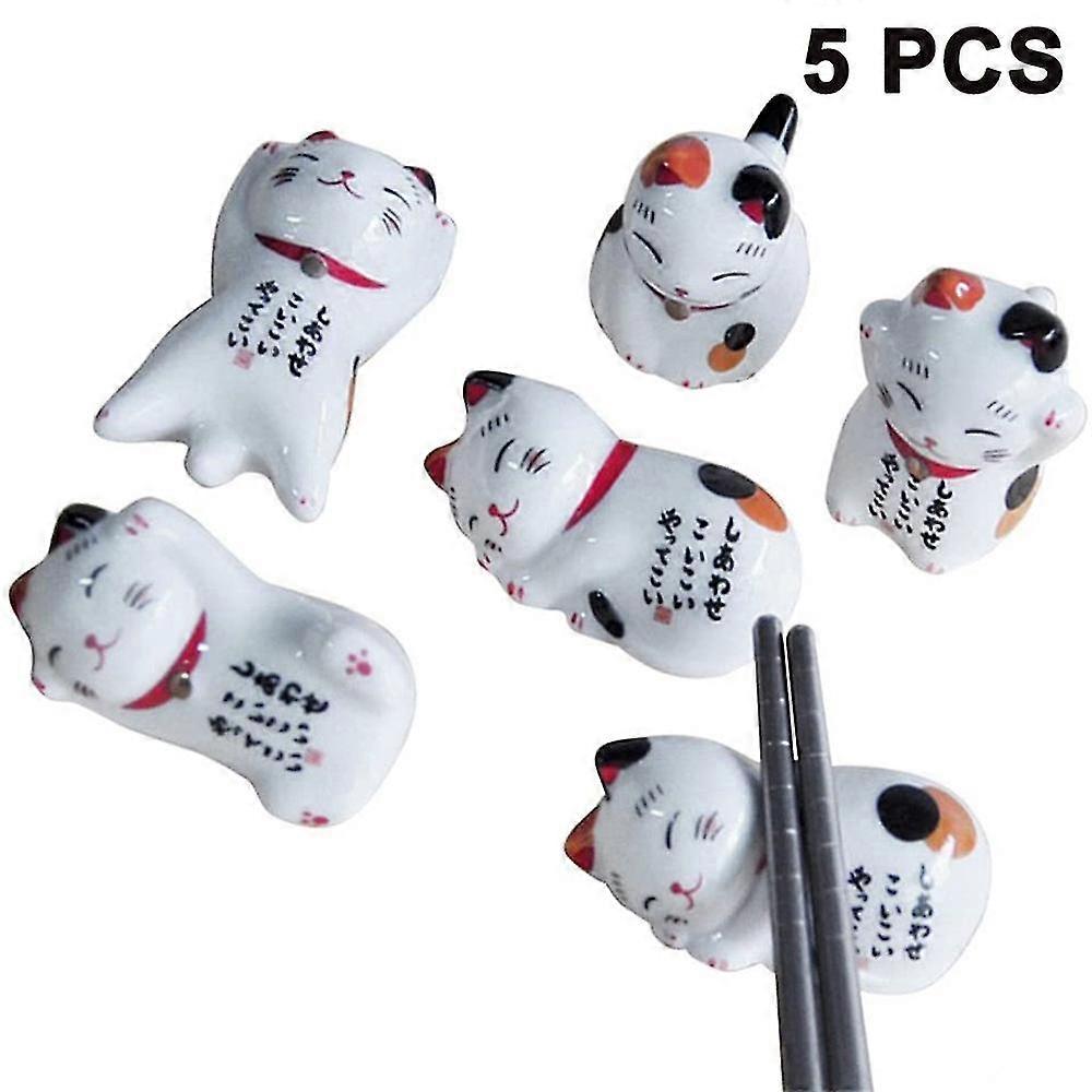 5 Pcs Lucky Cat Chopsticks Rest Ceramic Dinner Spoon