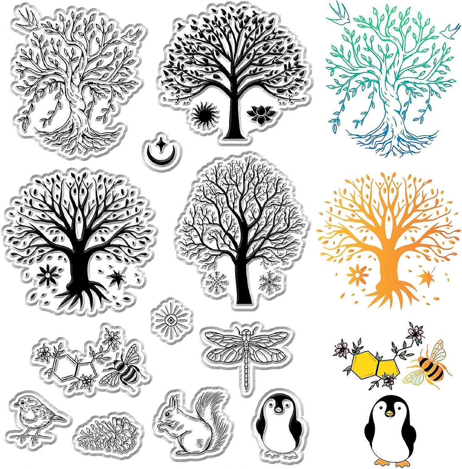 Tree Forest Clear Rubber Stamps Leaf Sparrow Squirrel Dragonfly Vintage Reusable Transparent Silicone Stamp Seals for DIY Scrapbooking Journaling Card
